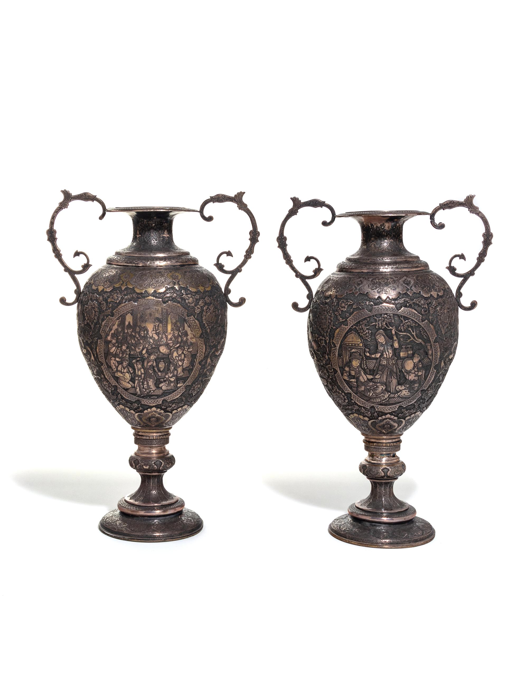 A Pair of Persian Silvered Copper Vases