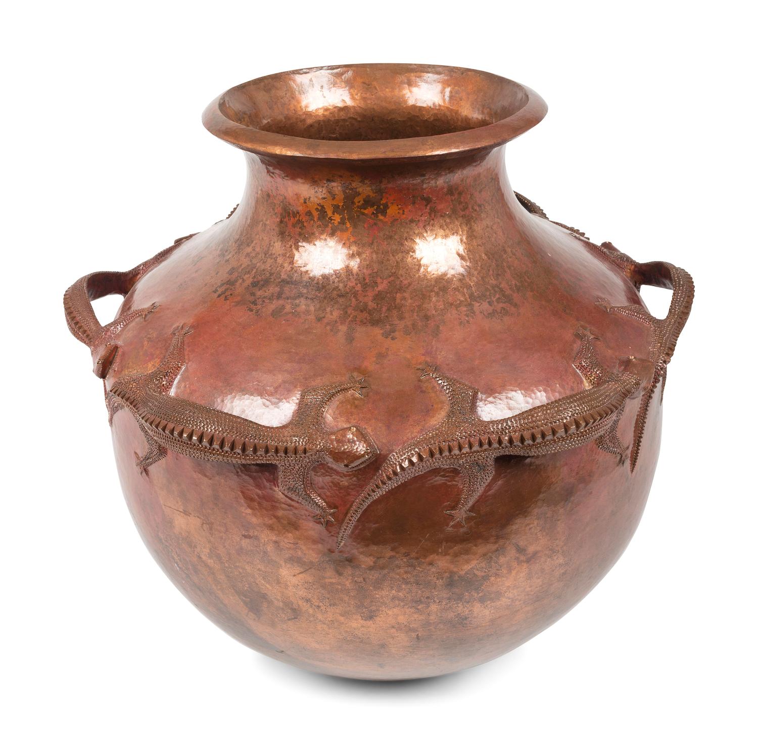Hammered Copper Olla, with Lizards