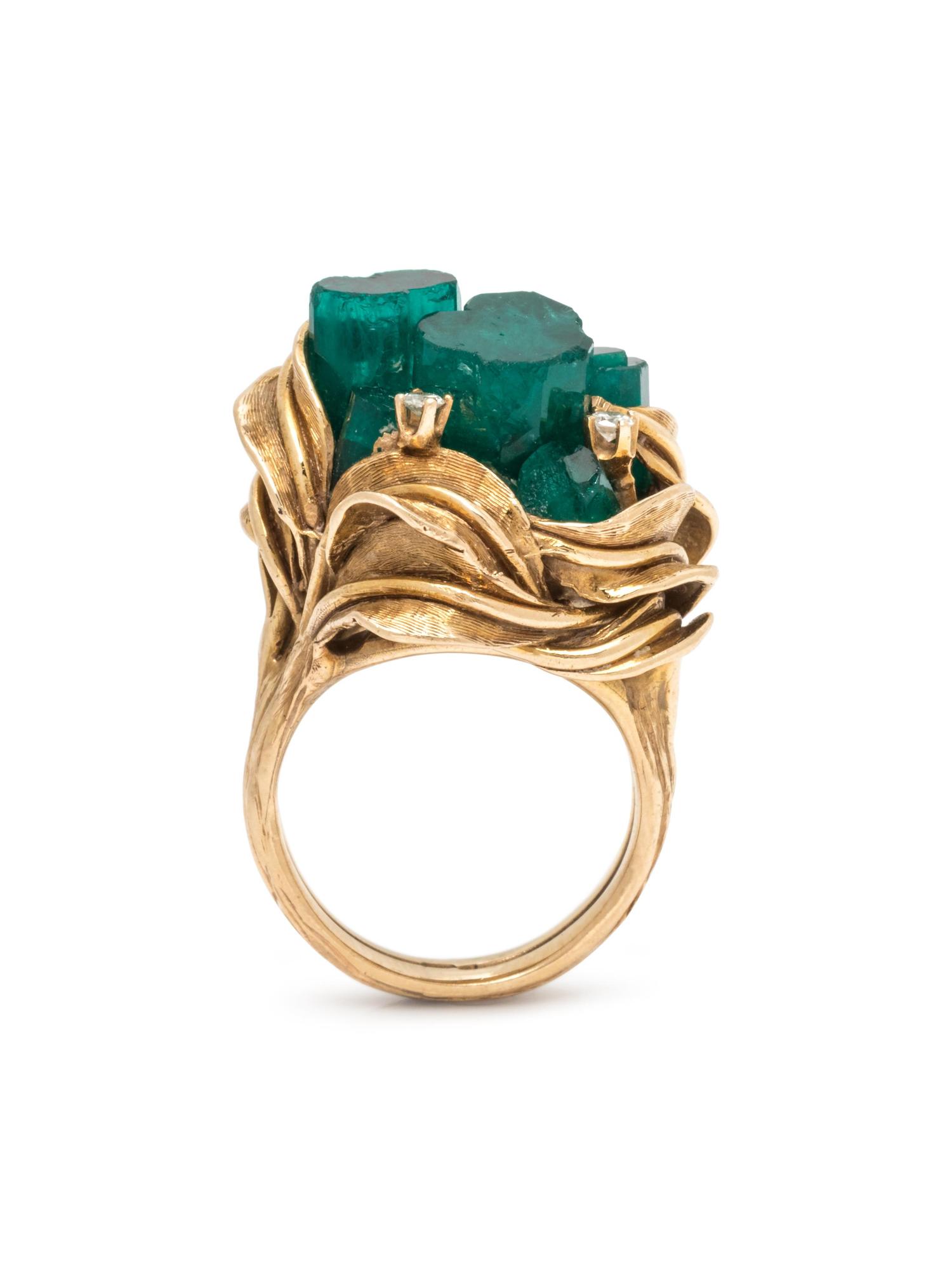 BRUTALIST, SYNTHETIC EMERALD AND DIAMOND RING