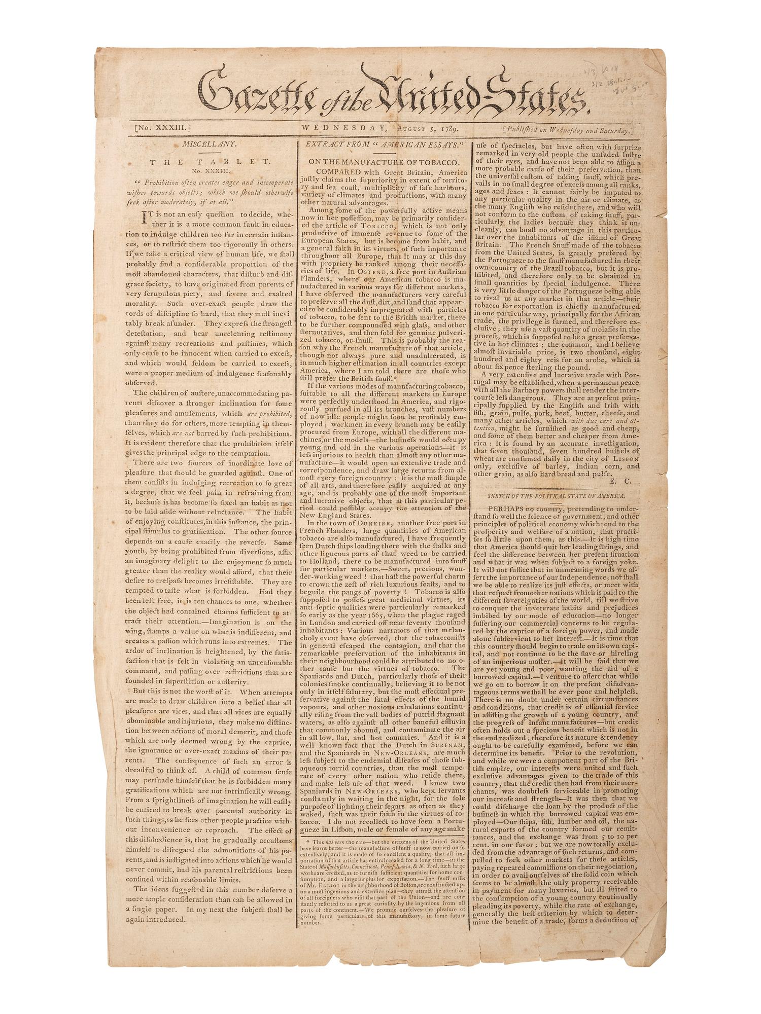 [POLITICS]. Gazette of the United States . NO. XXXIII. New York: John Fenno, 5 August 1789. Editorial signed in type by Alexander Hamilton under his pen name.