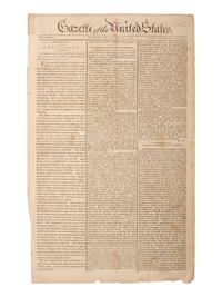 [POLITICS]. Gazette of the United States . NO. XXXIII. New York: John Fenno, 5 August 1789. Editorial signed in type by Alexander Hamilton under his pen name.