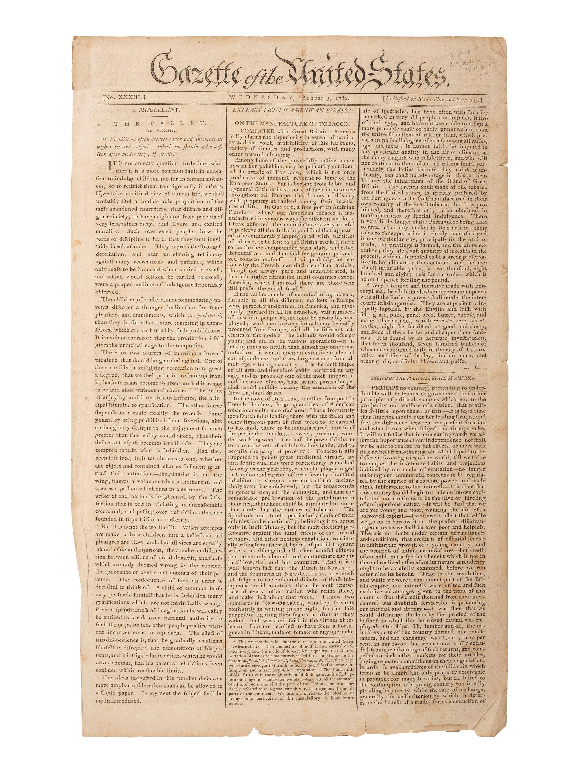 [POLITICS]. Gazette of the United States . NO. XXXIII. New York: John Fenno, 5 August 1789. Editorial signed in type by Alexander Hamilton under his pen name.