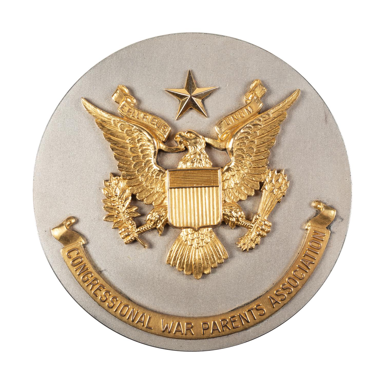 [WORLD WAR II]. A group of 3 items, highlighted by "Congressional War Parents Association" medallion presented to Ellsworth B. Buck for the loss of his son, 1st Lieutenant Orlando J. Buck.