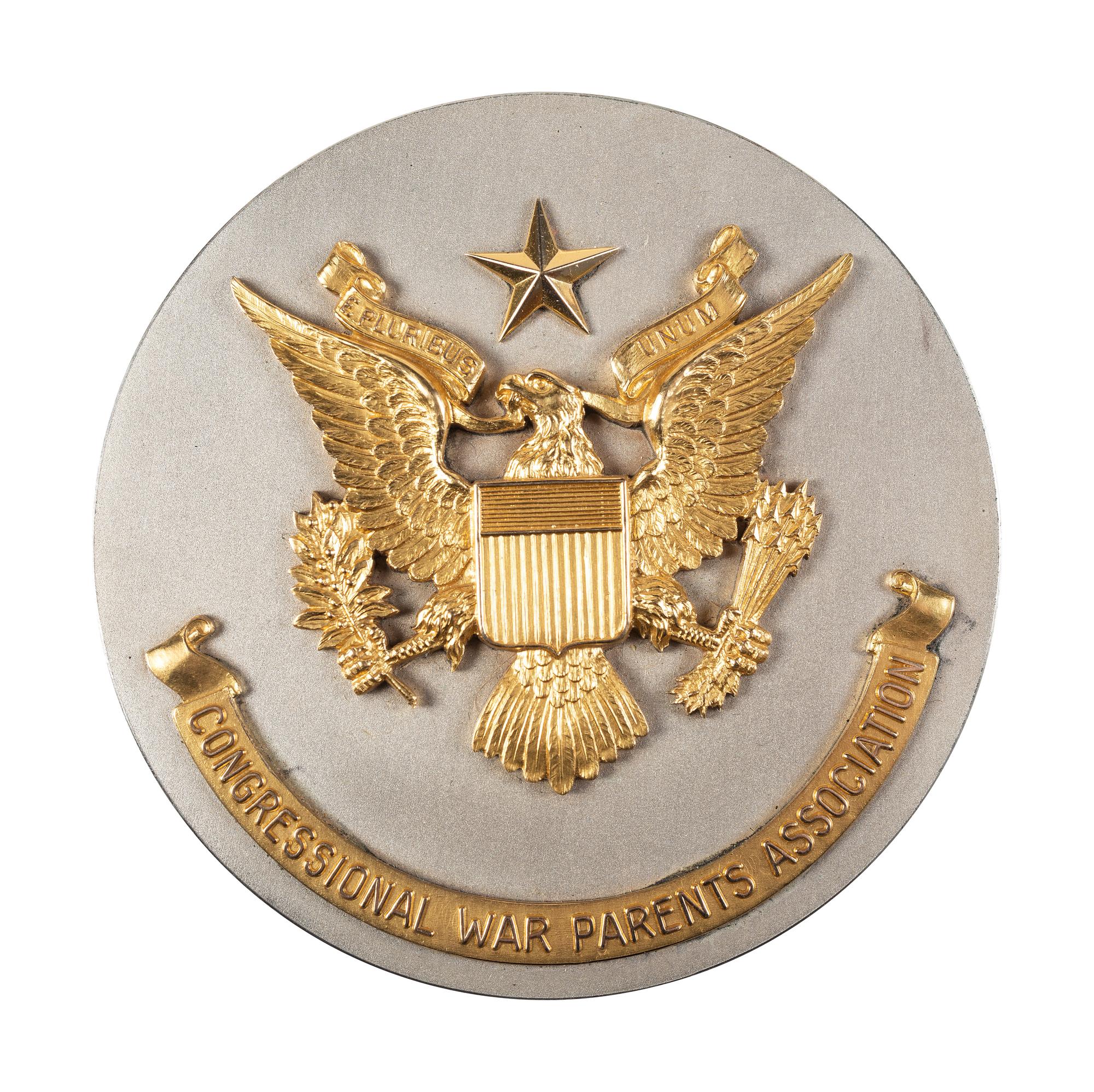[WORLD WAR II]. A group of 3 items, highlighted by "Congressional War Parents Association" medallion presented to Ellsworth B. Buck for the loss of his son, 1st Lieutenant Orlando J. Buck.