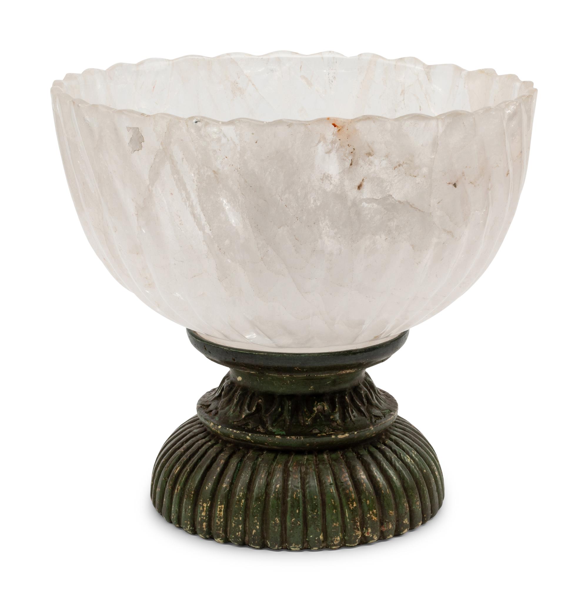 A Large Rock Crystal Center Bowl on a Painted Wood Base