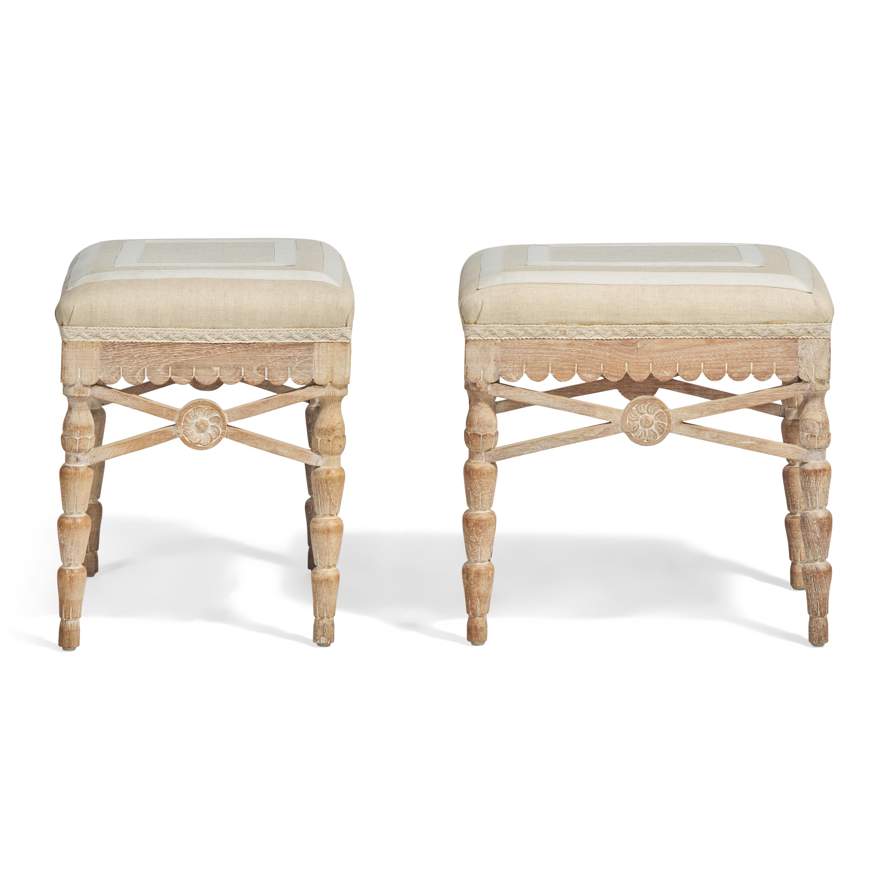A Pair of Upholstered Bleached Wood Stools