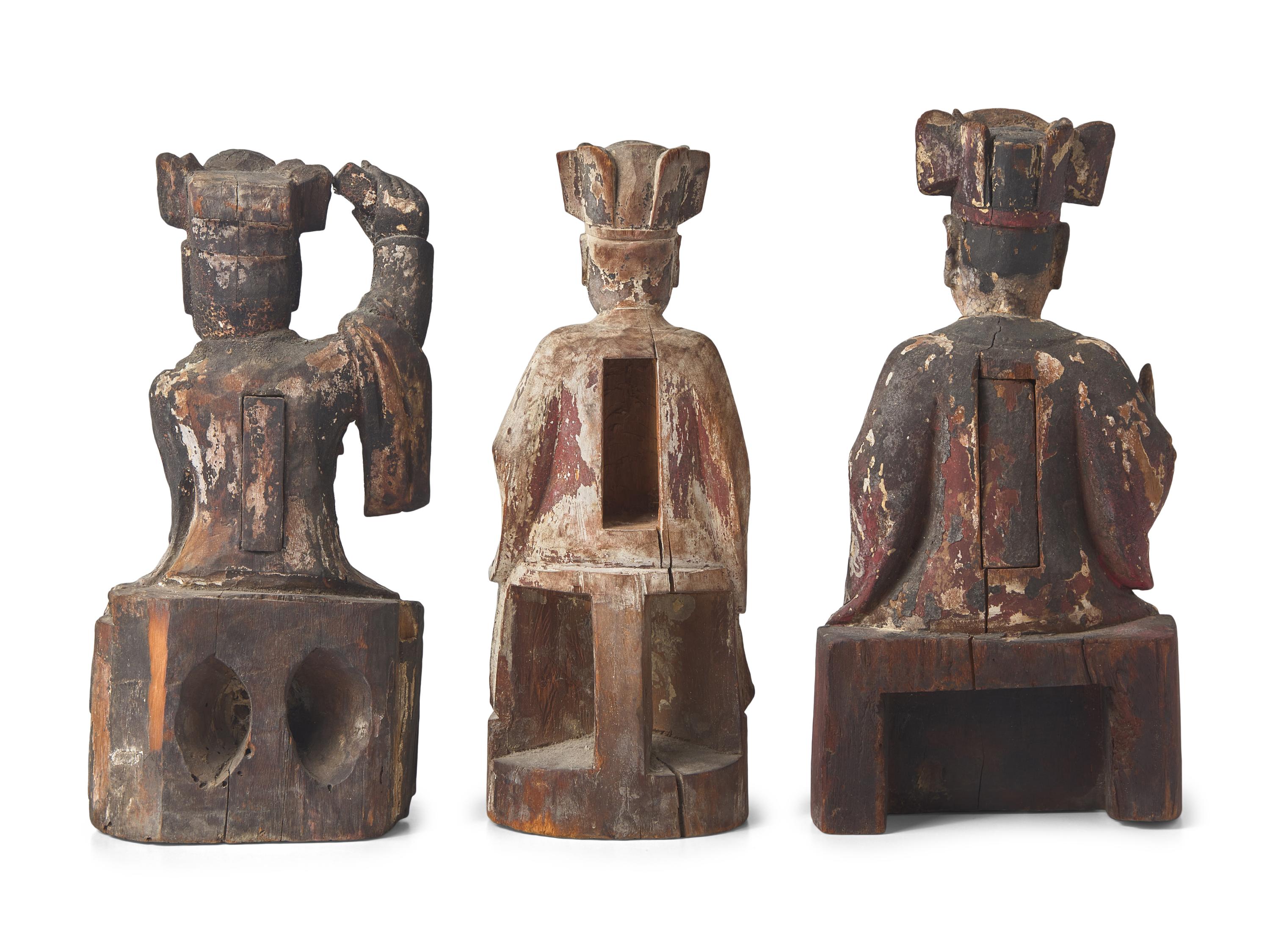 Three Carved Wood Figures of Immortals, Possibly Vietnamese 越南木雕坐像三件
