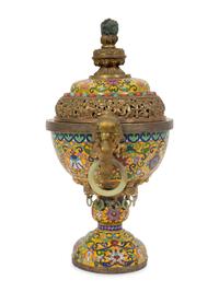 A Chinese Cloisonne Censer with Jade Ring Handles