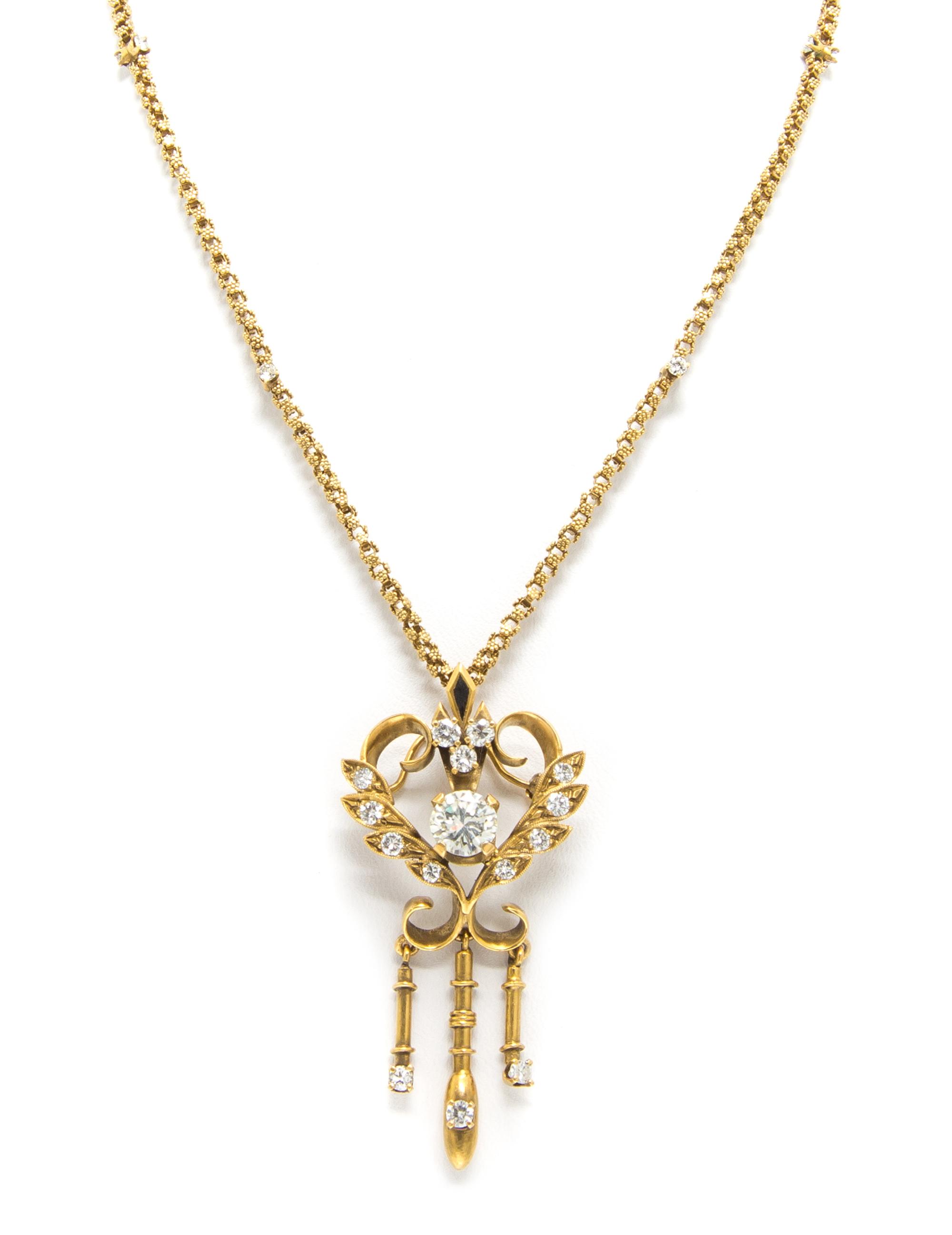 A Yellow Gold and Diamond Pendant/Brooch with Diamond Set Yellow Gold Chain, 12.40 dwts.