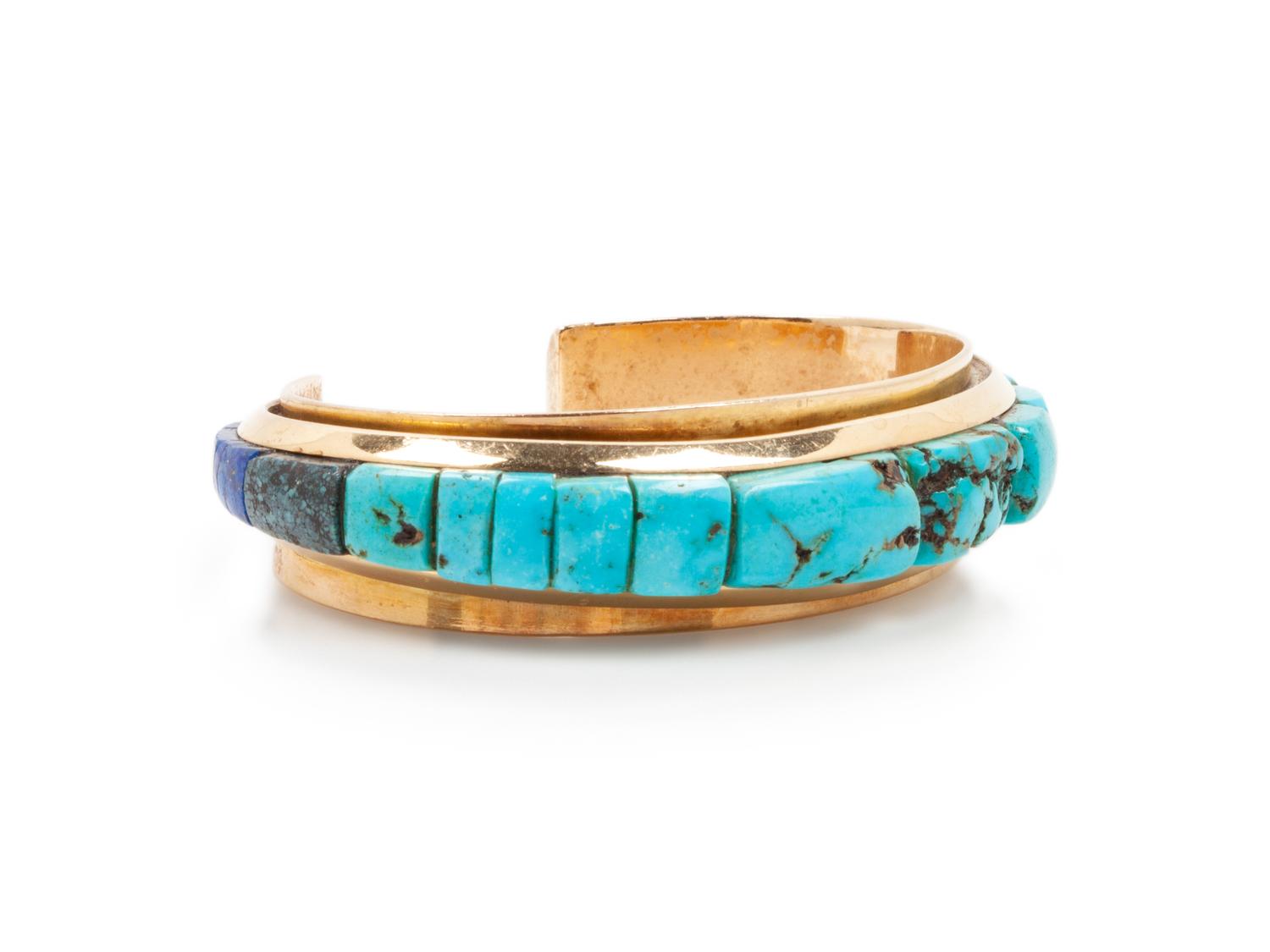 14k Gold, Turquoise, and Lapis Inlay Cuff Bracelet