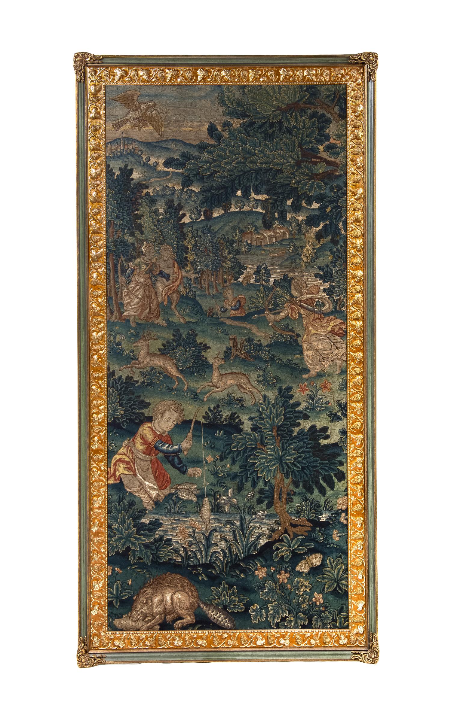 A Continental Framed Tapestry, Height 72 x width 35 inches.