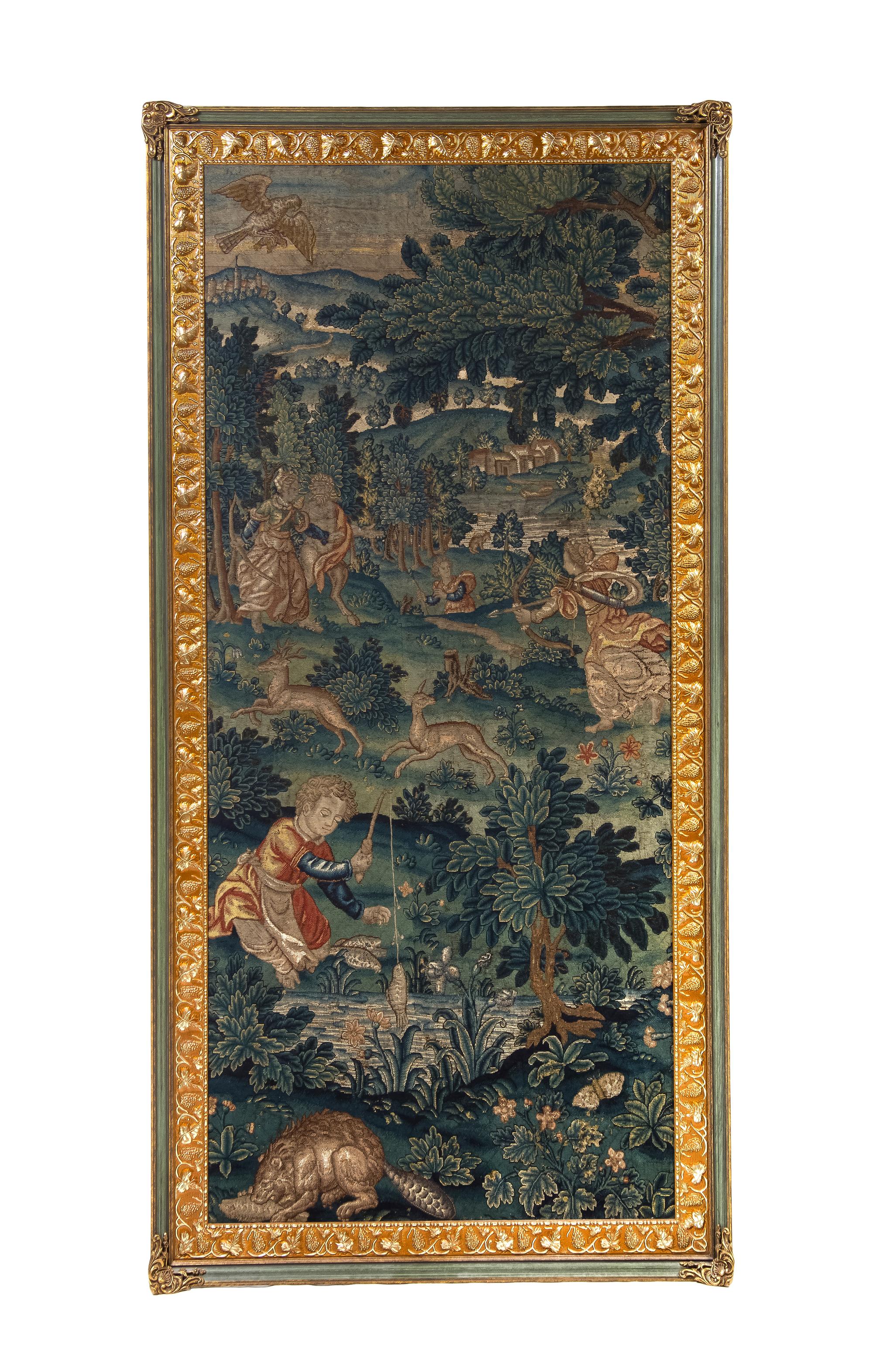 A Continental Framed Tapestry, Height 72 x width 35 inches.