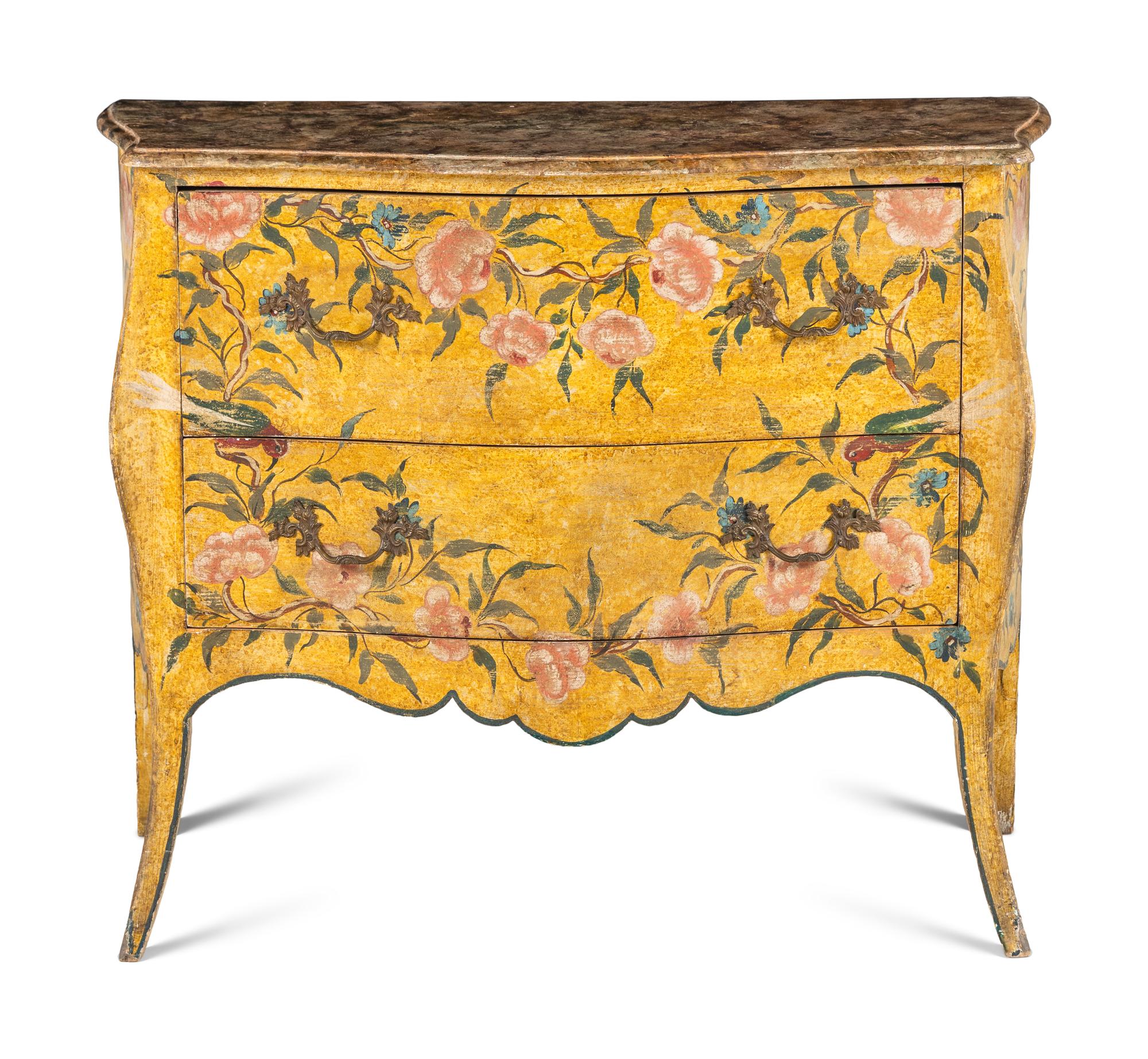 A Continental Painted Faux Marble-Top Commode