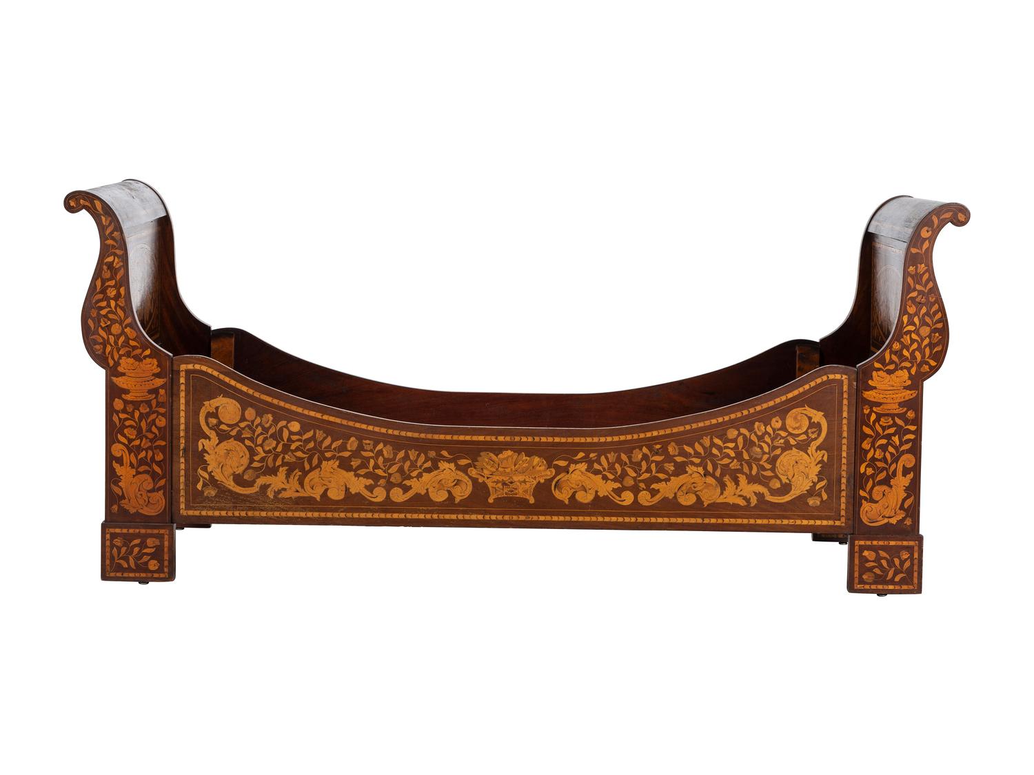 A Dutch Mahogany and Marquetry Sleigh Bed