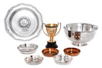 A Group of Eight Silverplate and Pewter Articles related to Airedale Terriers Width of widest 9 1/8 inches.