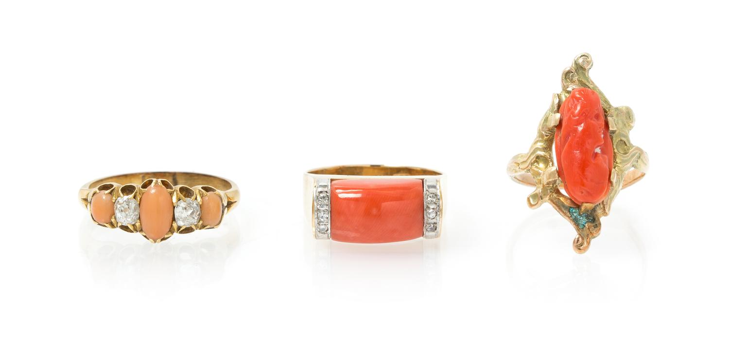 A Collection of Yellow Gold, Coral and Diamond Rings, 9.00 dwts.