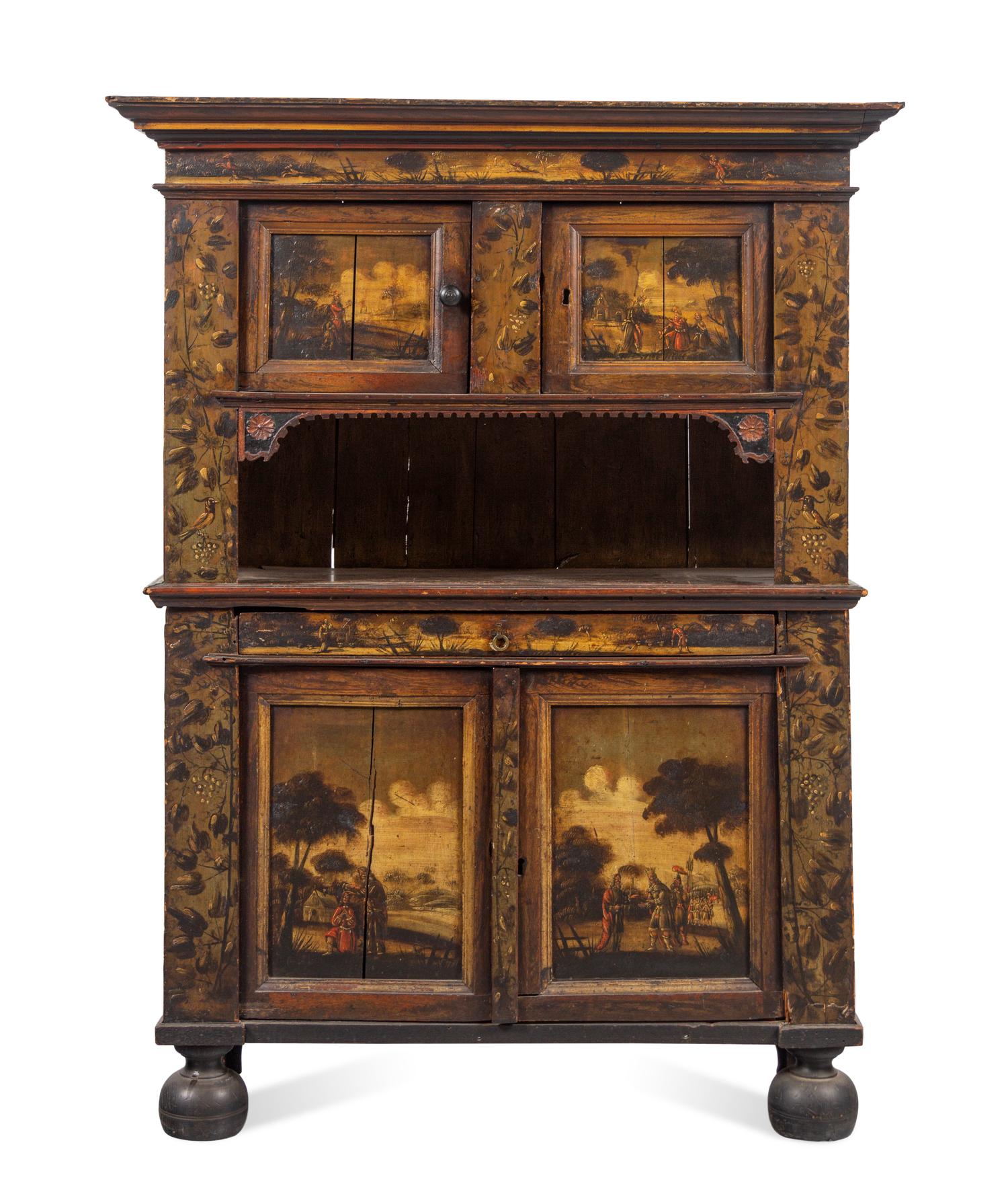 A Dutch Painted Pine and Oak Cupboard