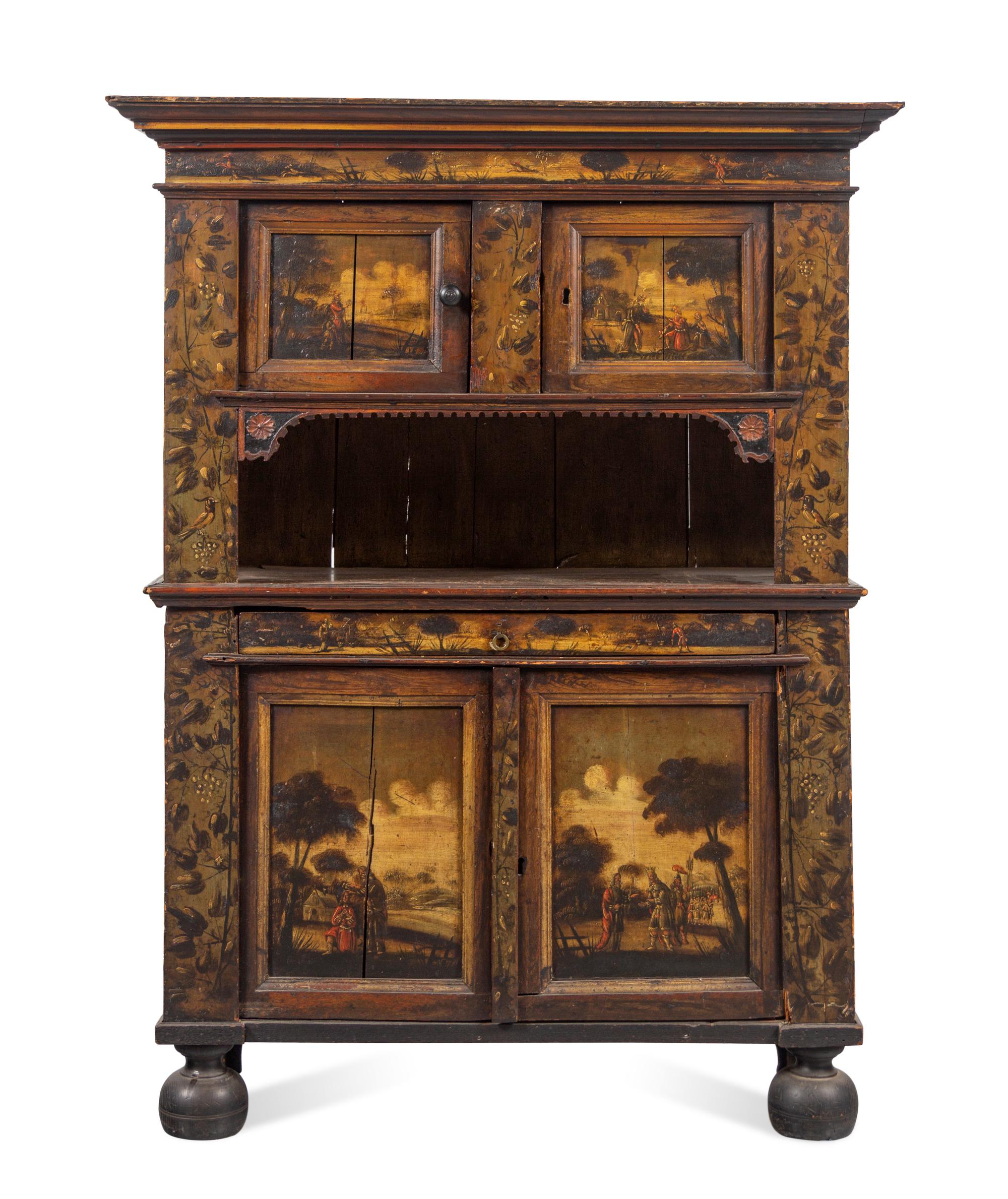 A Dutch Painted Pine and Oak Cupboard