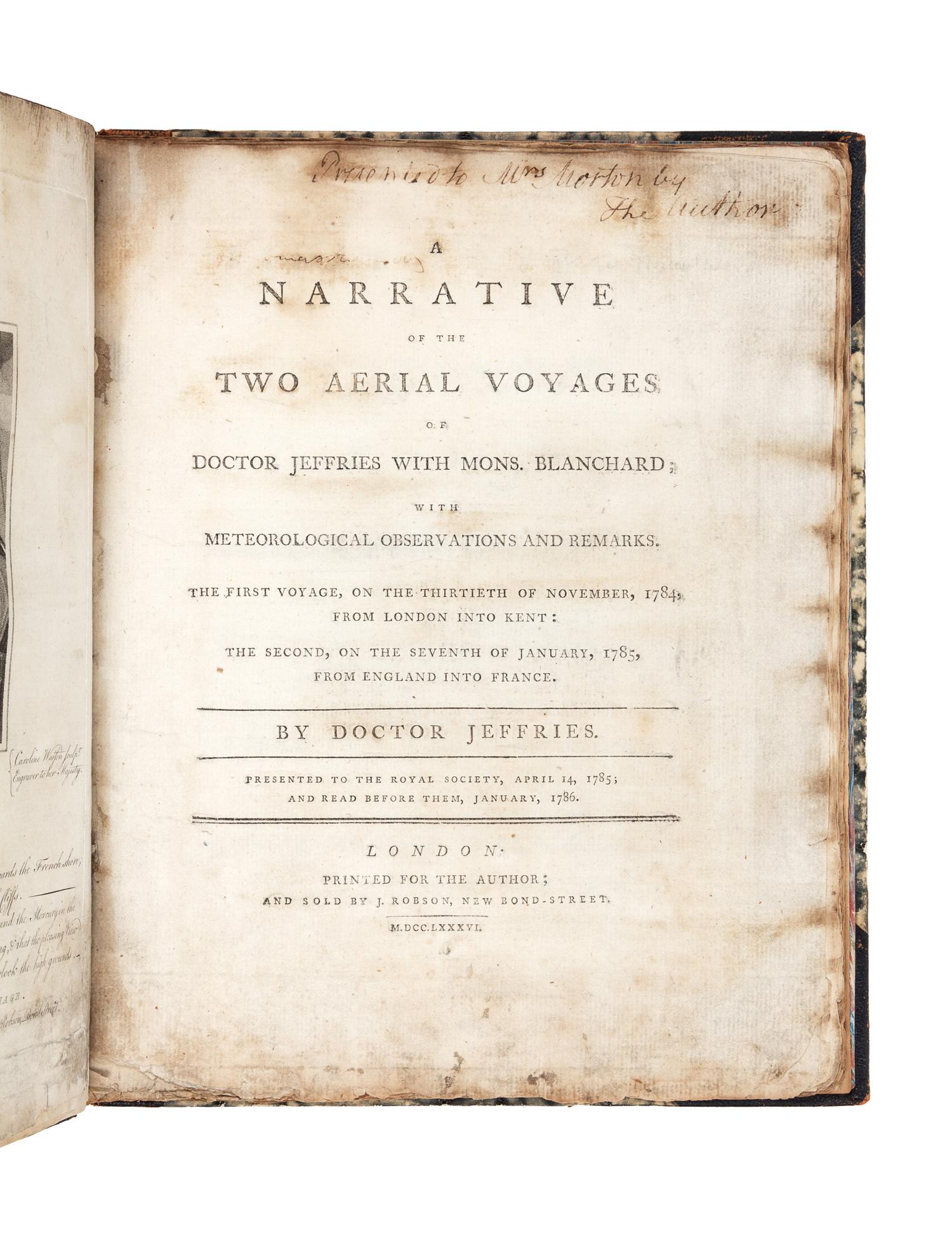 JEFFRIES, Dr. John (1745-1819). A Narrative of Two Aerial Voyages of Doctor Jeffries with Mons. Blanchard; with Meteorological Observat