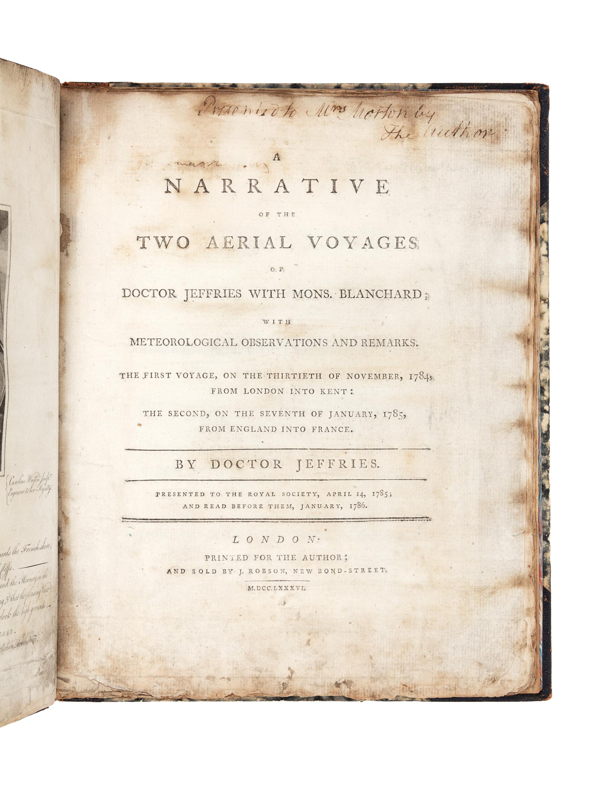 JEFFRIES, Dr. John (1745-1819). A Narrative of Two Aerial Voyages of Doctor Jeffries with Mons. Blanchard; with Meteorological Observat
