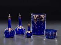 Five Enameled Cobalt Glass Barber Articles