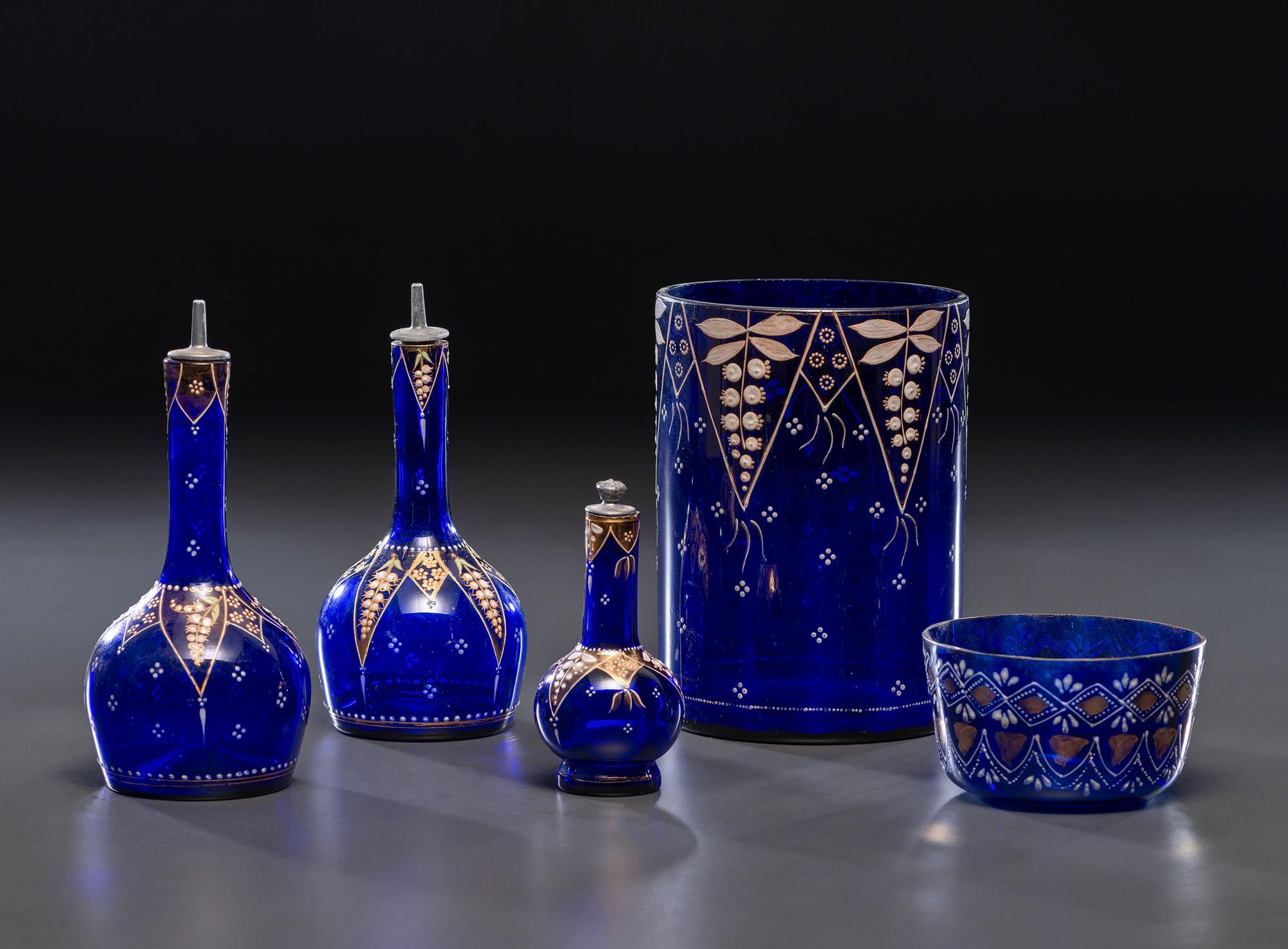 Five Enameled Cobalt Glass Barber Articles