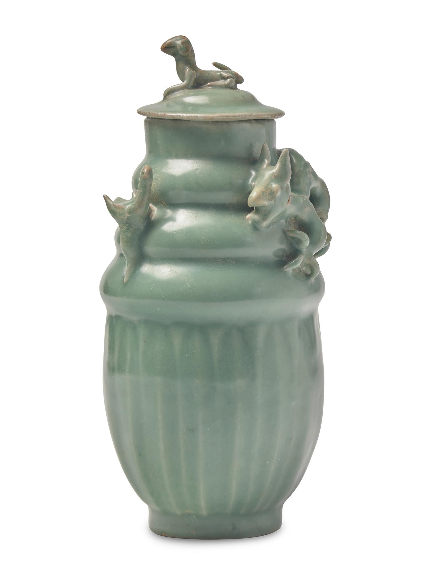A Chinese Longquan Celadon Glazed Porcelain Covered Vase