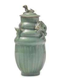A Chinese Longquan Celadon Glazed Porcelain Covered Vase