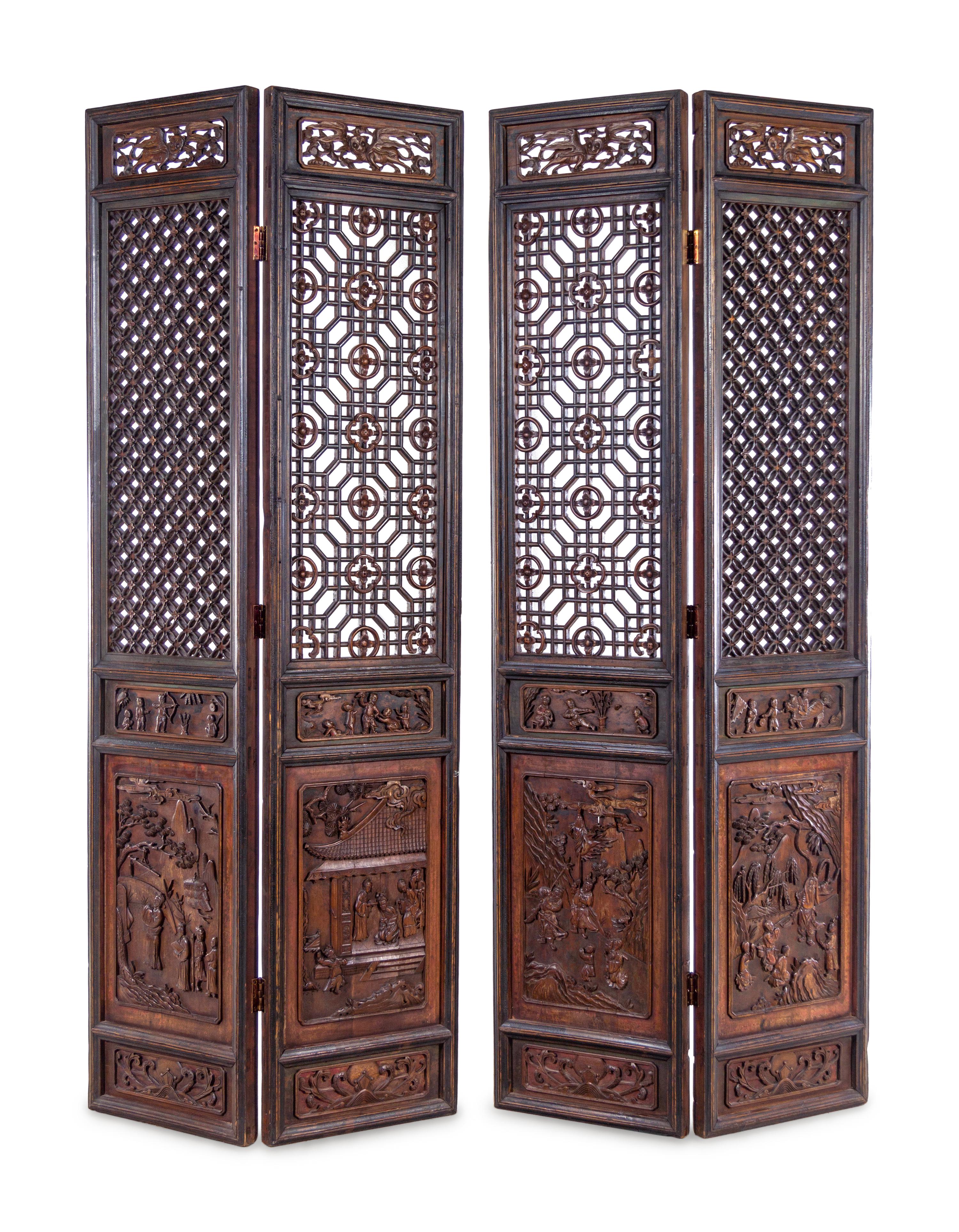 A Chinese Carved Hardwood Four-Panel Floor Screen