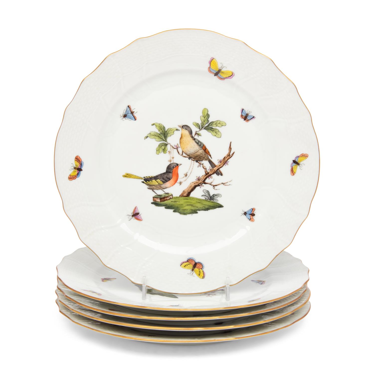 A Set of Five Herend Rothschild Bird Porcelain Dinner Plates
