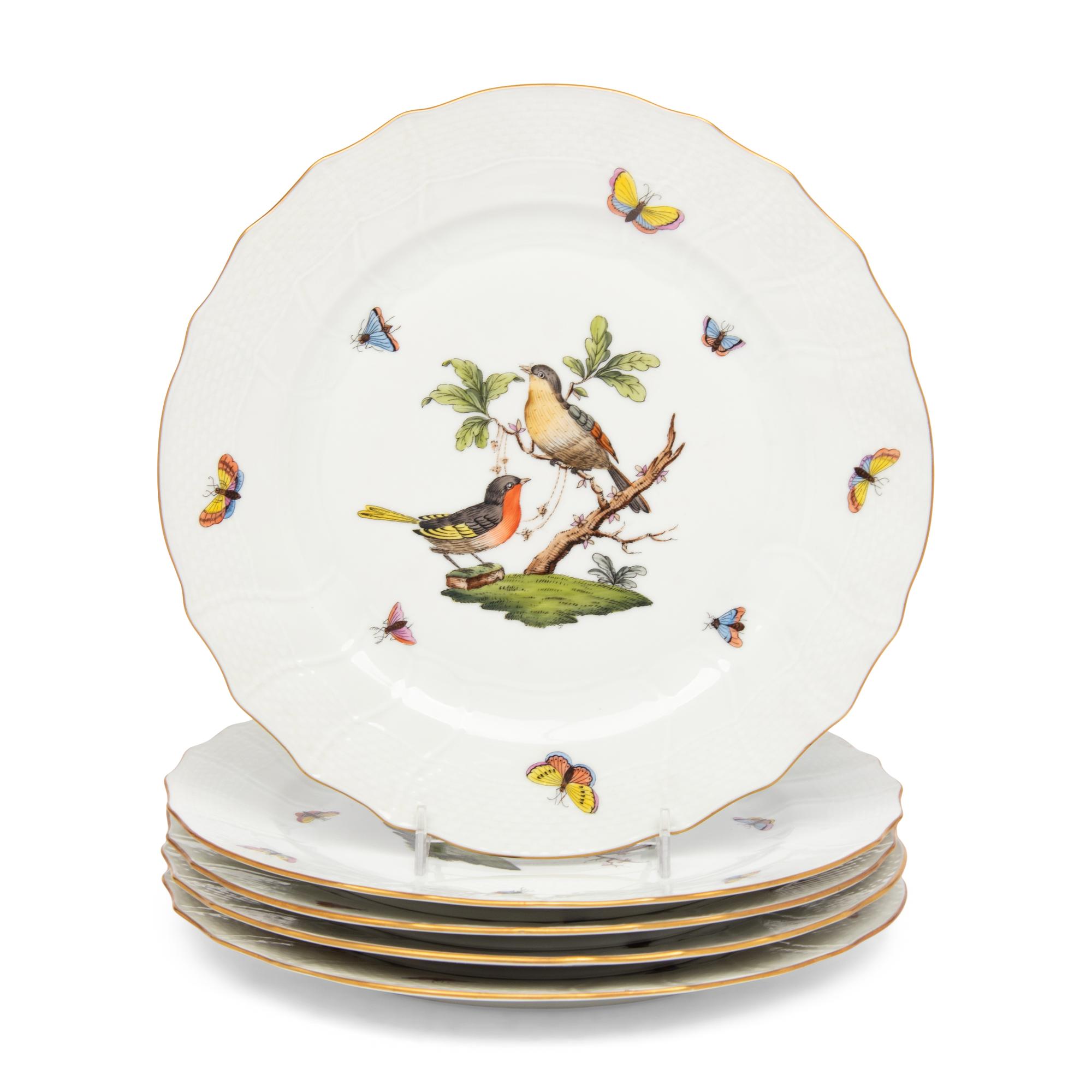A Set of Five Herend Rothschild Bird Porcelain Dinner Plates