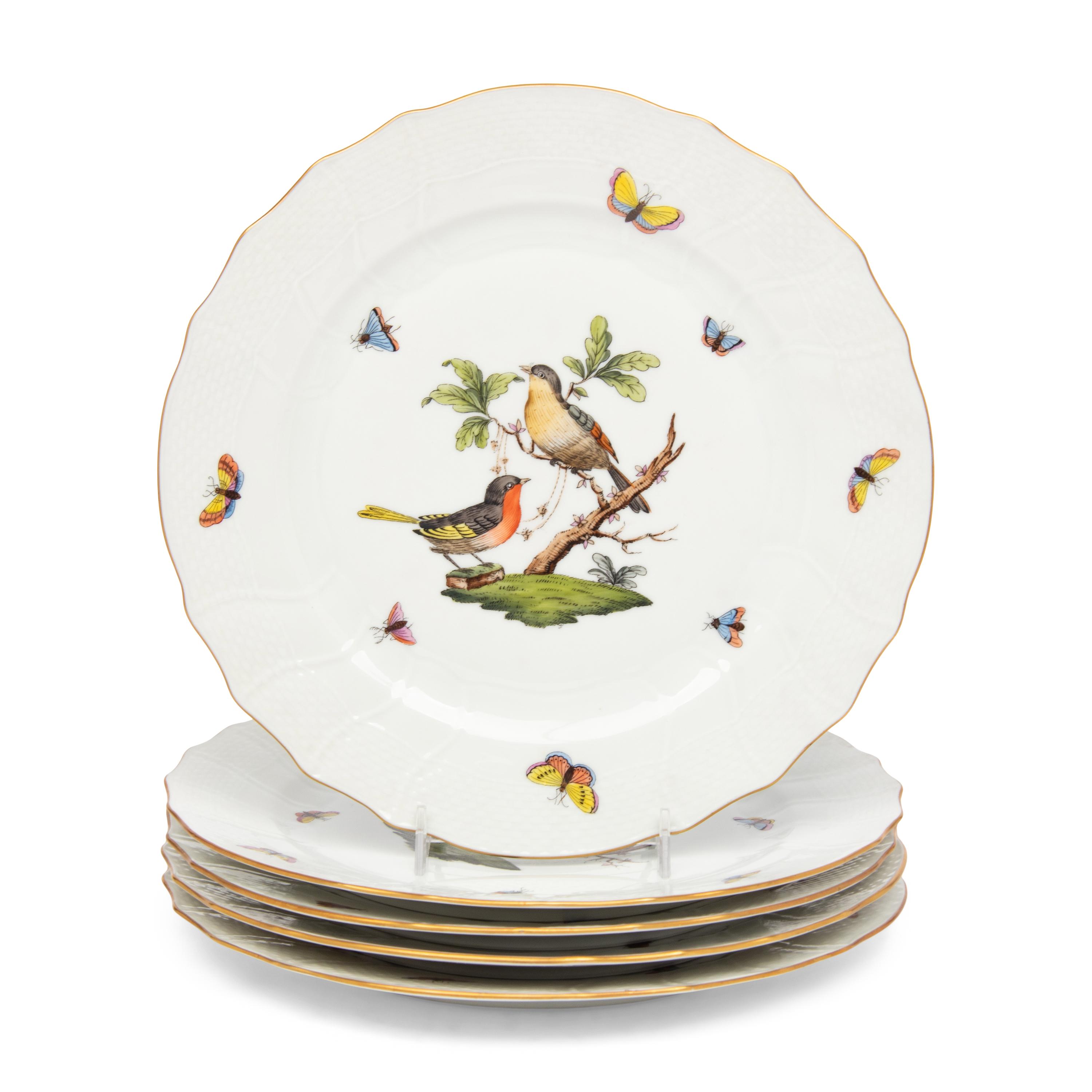 A Set of Five Herend Rothschild Bird Porcelain Dinner Plates