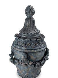 A Pair of Italian Faux Marble Painted Carved Wood Urns on Stands