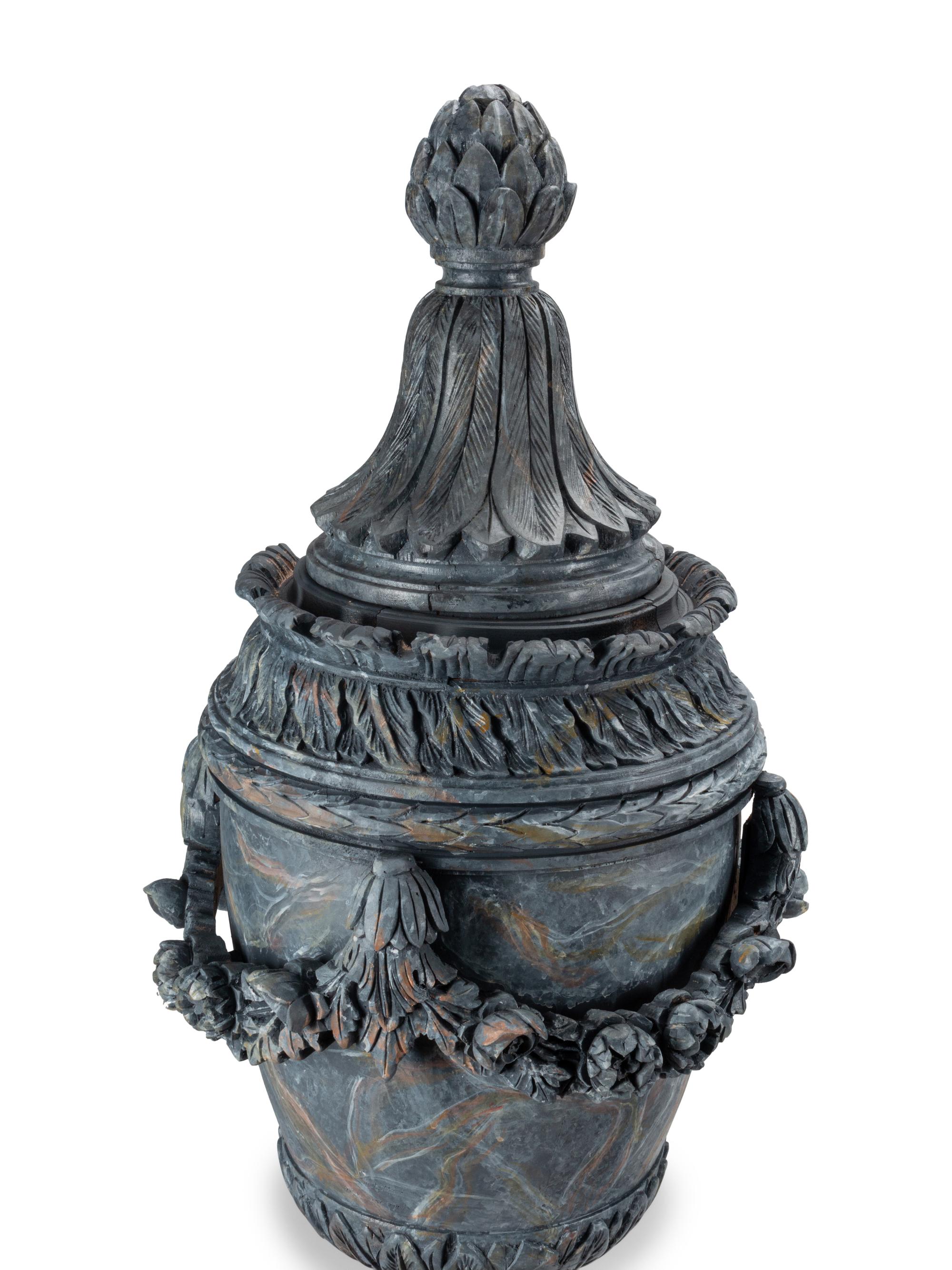 A Pair of Italian Faux Marble Painted Carved Wood Urns on Stands
