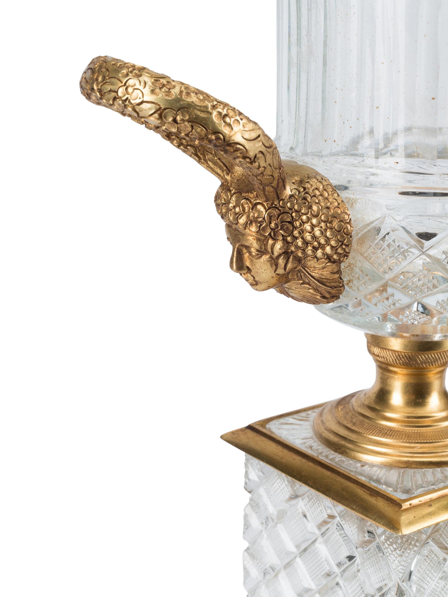 A Pair of French Gilt Bronze Mounted Cut Glass Urns