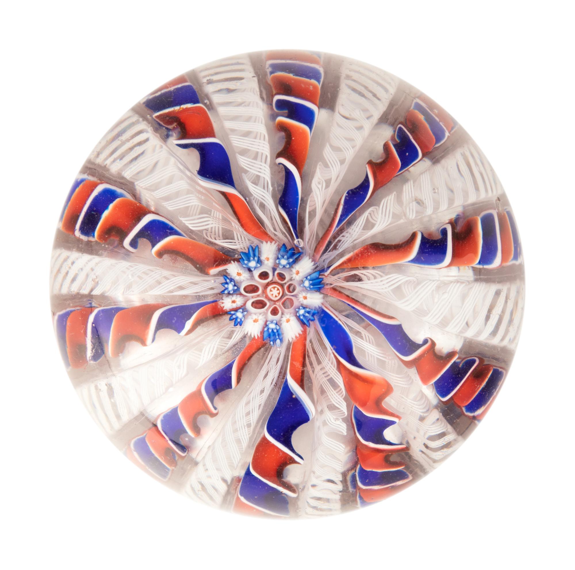 A Two-Color Ribbon and Latticino Twist Crown Glass Paperweight