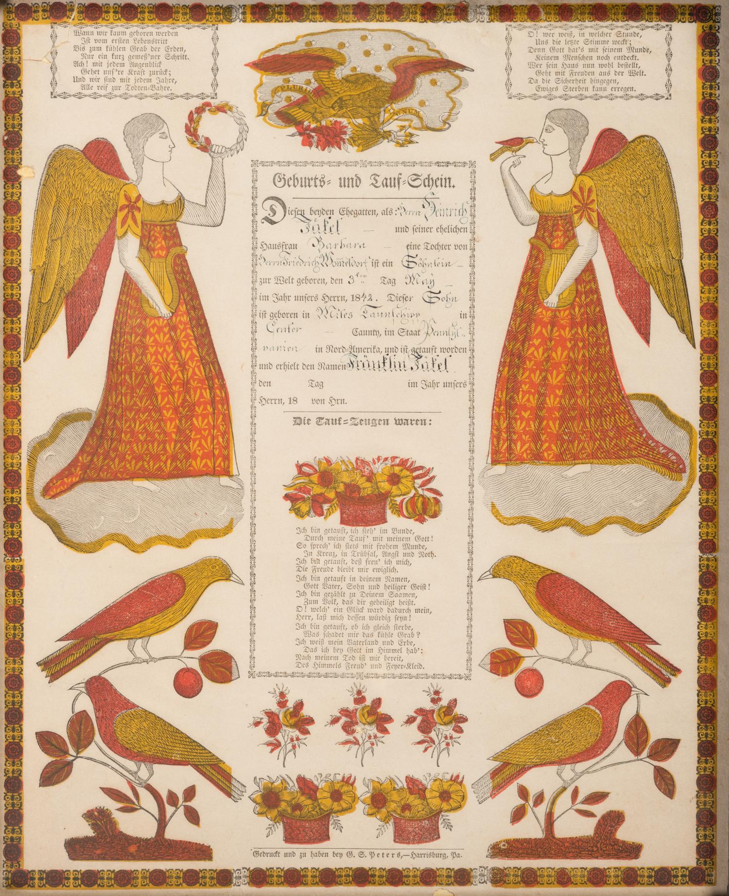 A Pennsylvania German Engraved and Polychrome Decorated Baptism Fraktur