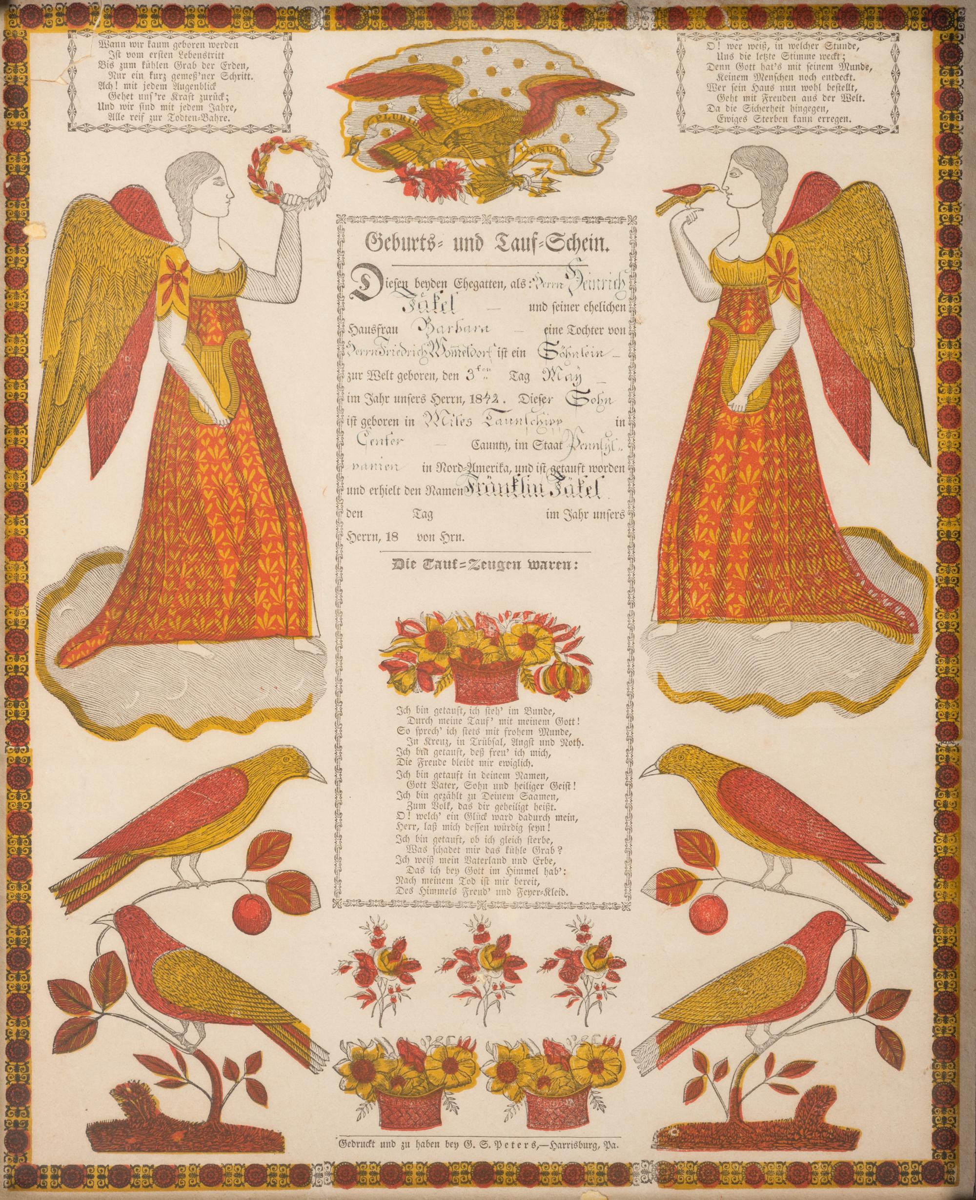 A Pennsylvania German Engraved and Polychrome Decorated Baptism Fraktur