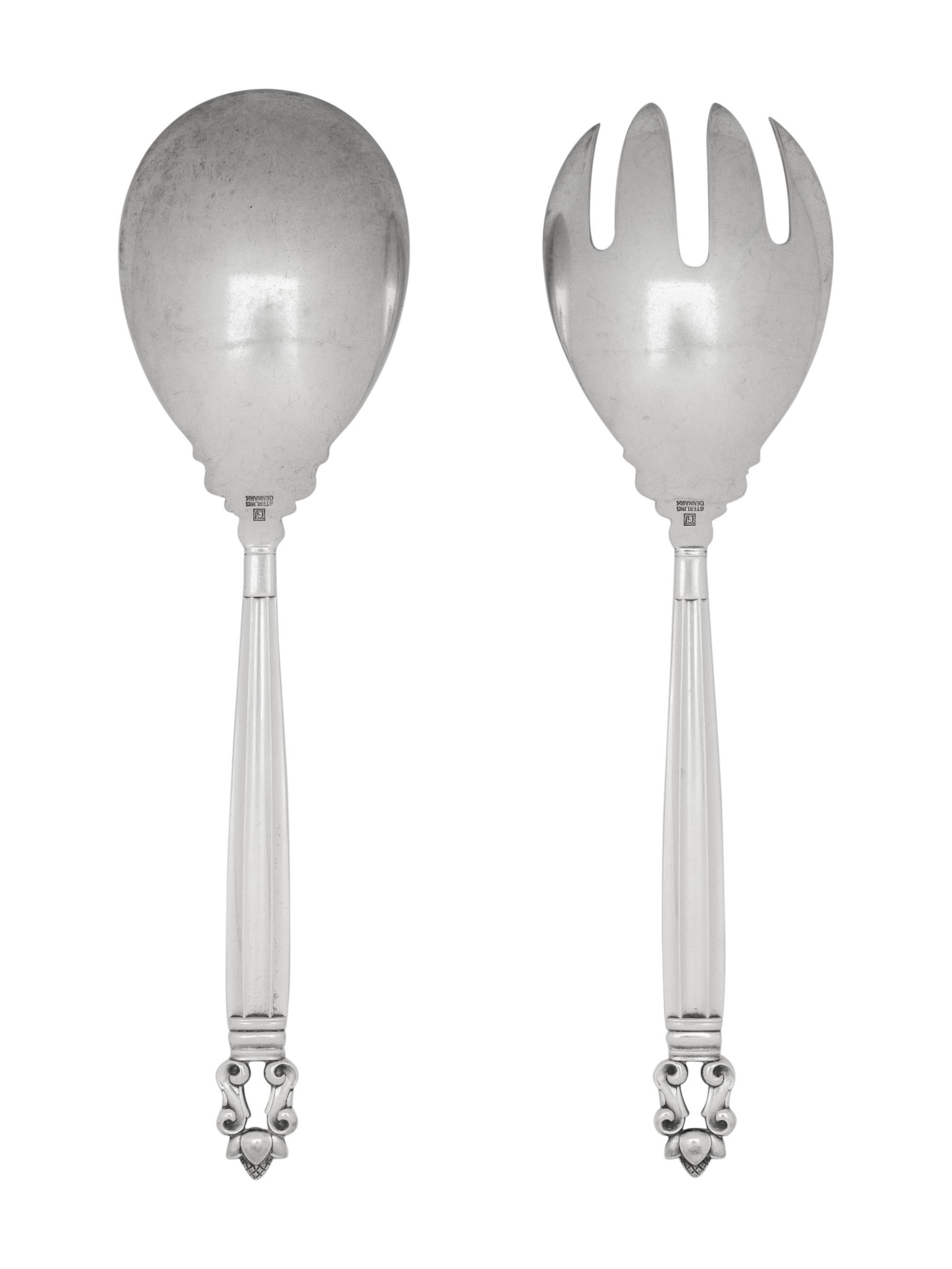 A Georg Jensen Acorn Silver Salad Serving Set
