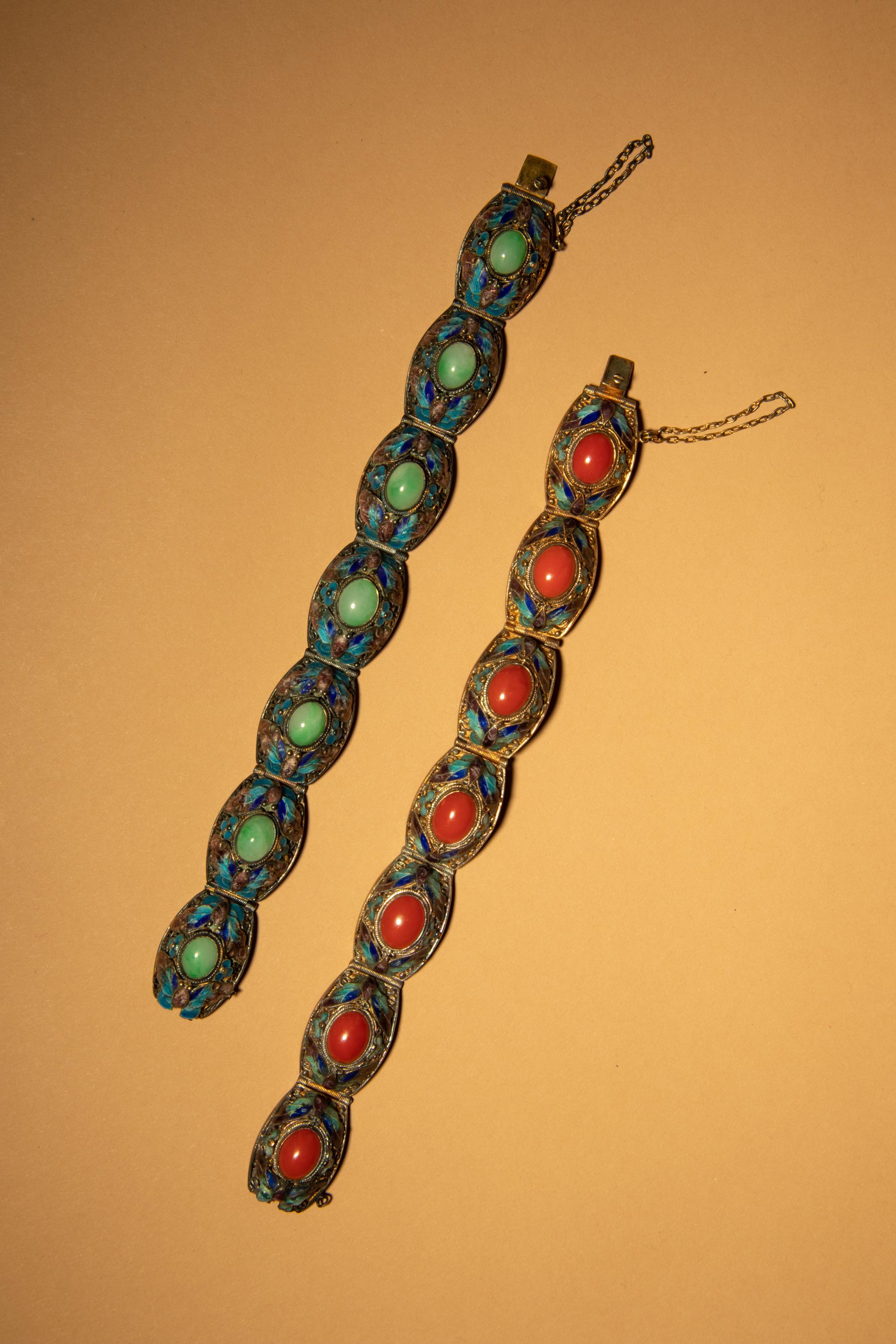 Two Inset and Enamel on Silver Bracelets