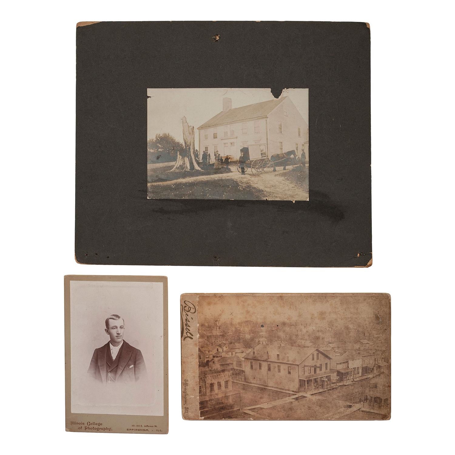 [EARLY PHOTOGRAPHY]. A group of albumen and silver gelatin photographs showing early photographers, their equipment, and pioneering techniques, comprising: