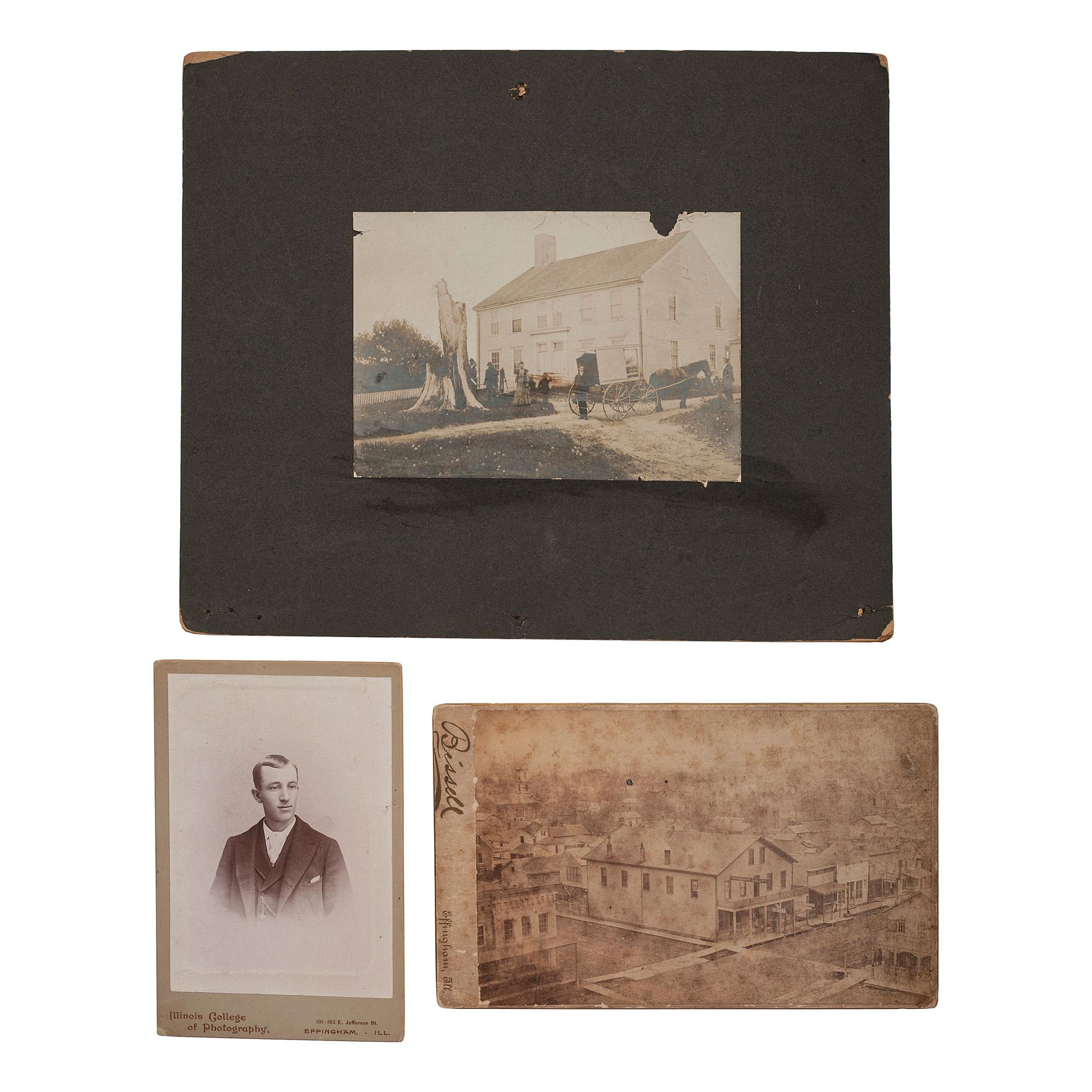 [EARLY PHOTOGRAPHY]. A group of albumen and silver gelatin photographs showing early photographers, their equipment, and pioneering techniques, comprising: