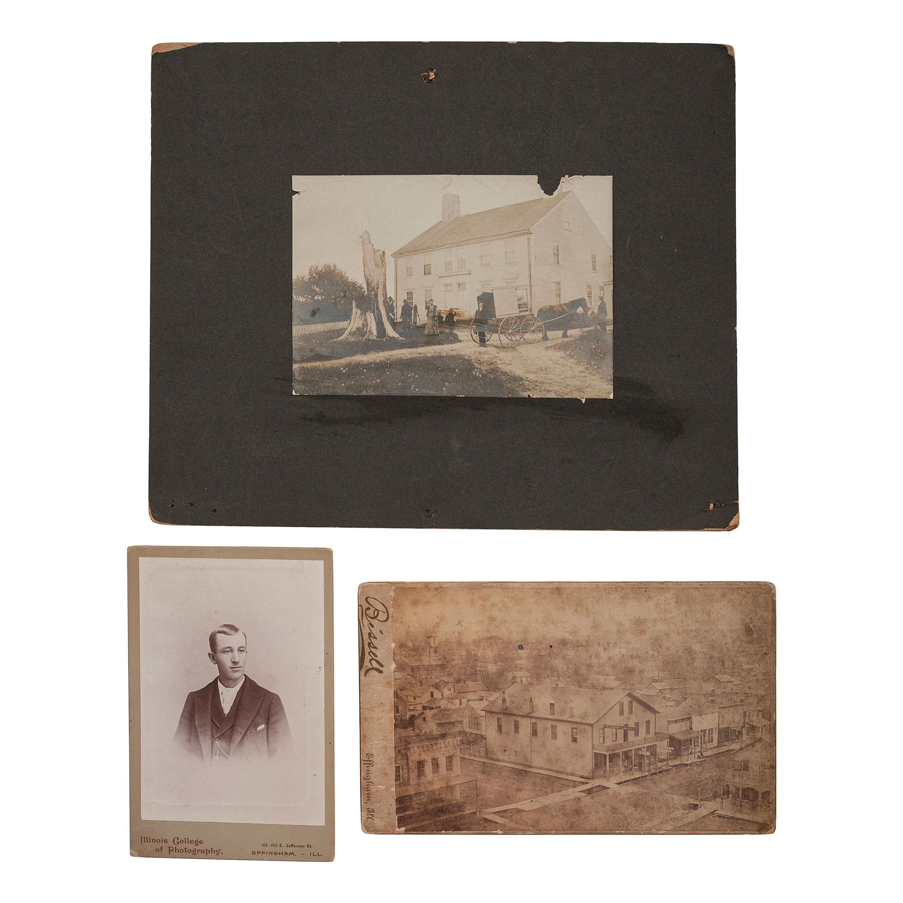 [EARLY PHOTOGRAPHY]. A group of albumen and silver gelatin photographs showing early photographers, their equipment, and pioneering techniques, comprising: