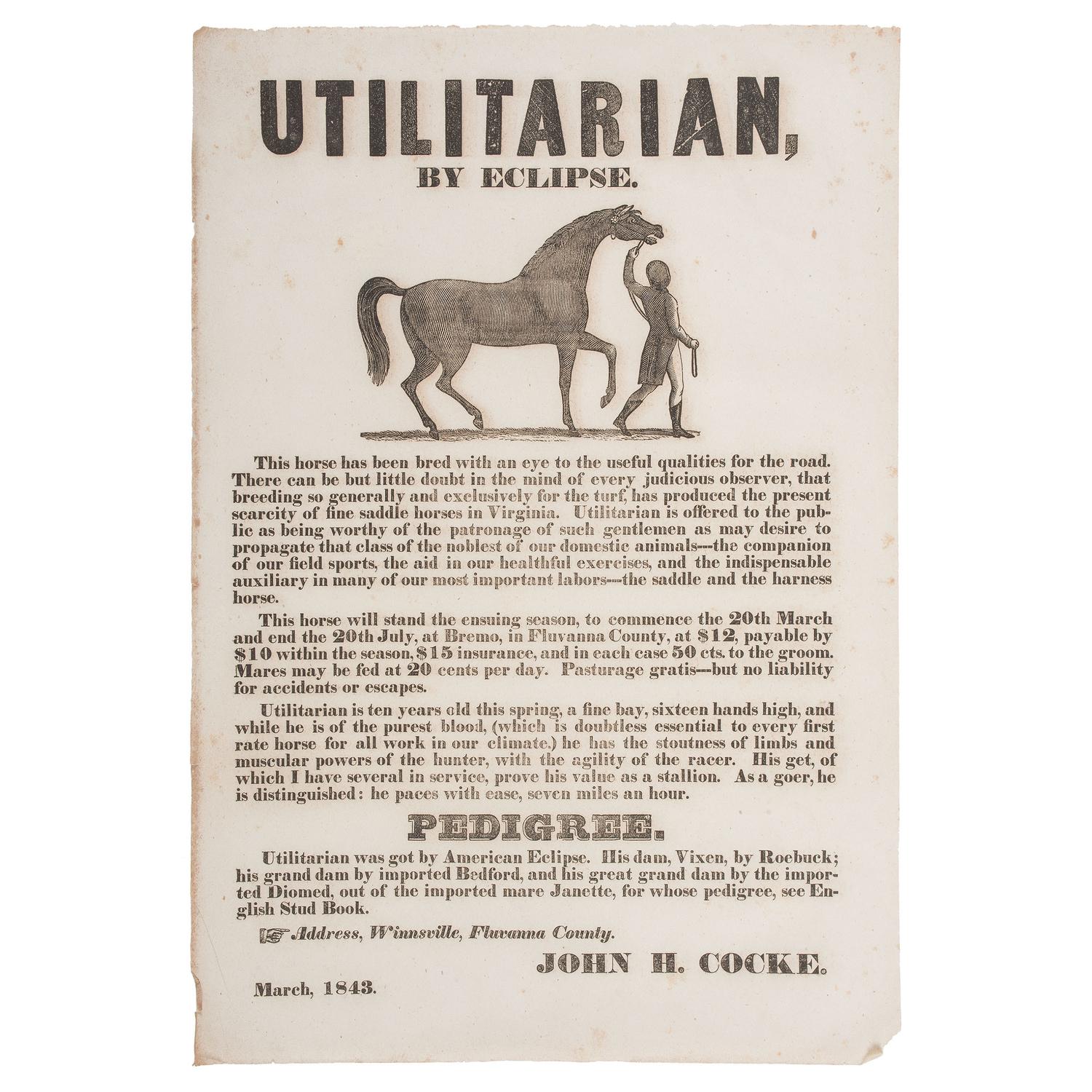 Illustrated 1843 Virginia Broadside for the Sire Utilitarian