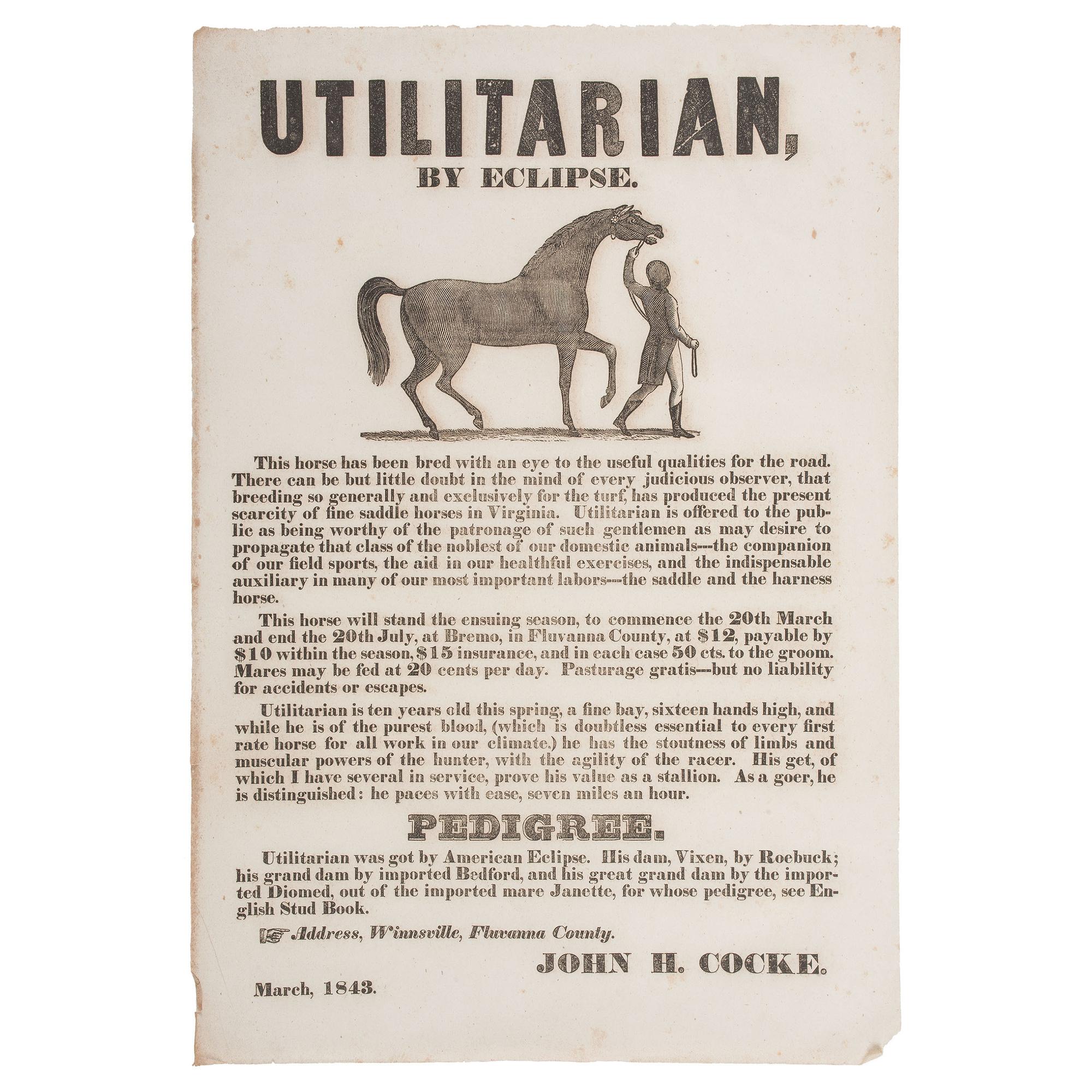 Illustrated 1843 Virginia Broadside for the Sire Utilitarian