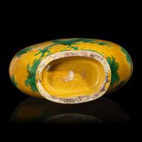 An Impressive Chinese Green Enameled Yellow Ground Porcelain 'Dragon' Moon Flask, Qing Dynasty — 清 黃地綠彩龍紋大抱月瓶
