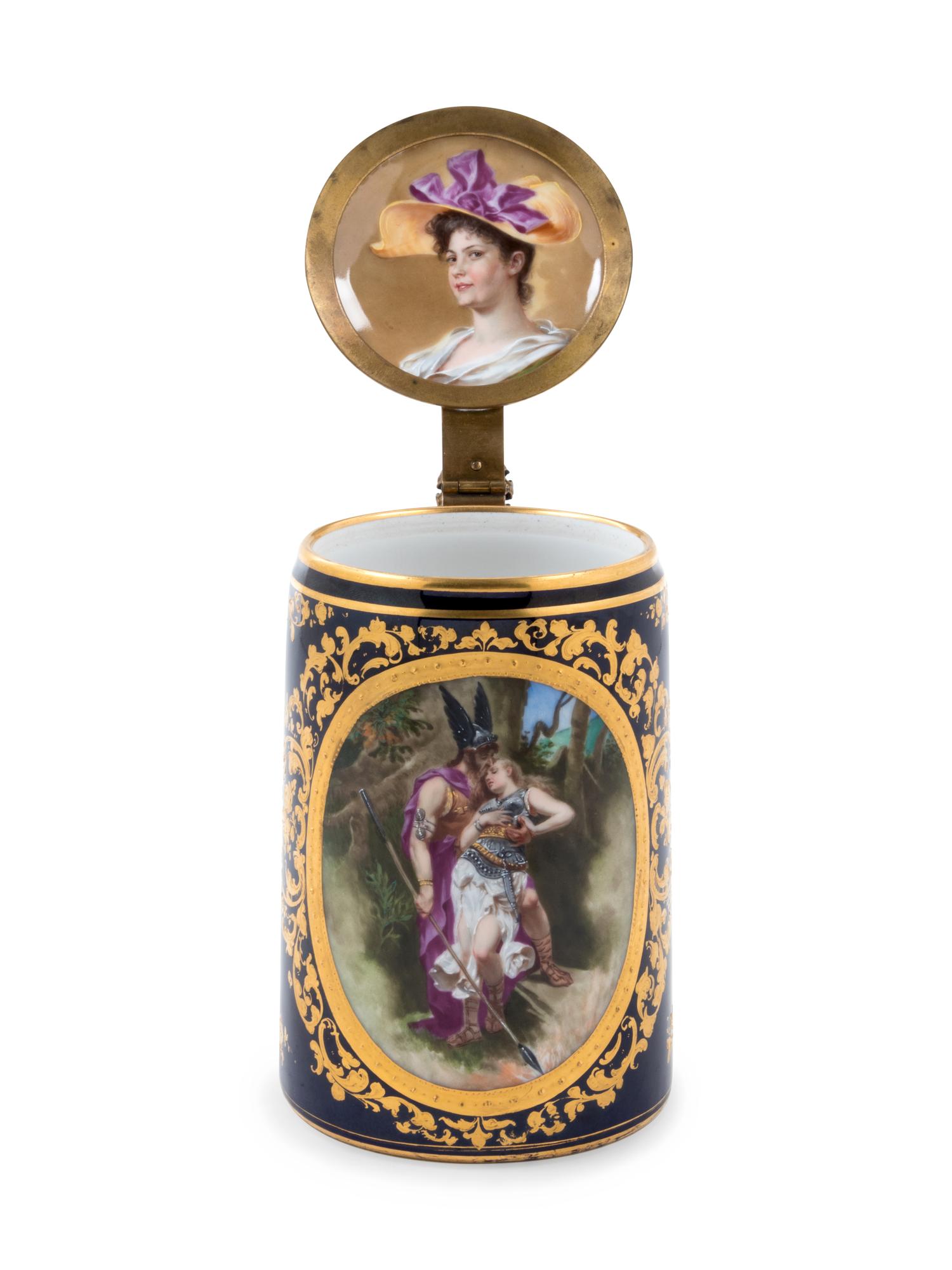 A Vienna Style Painted and Parcel Gilt Porcelain Tankard