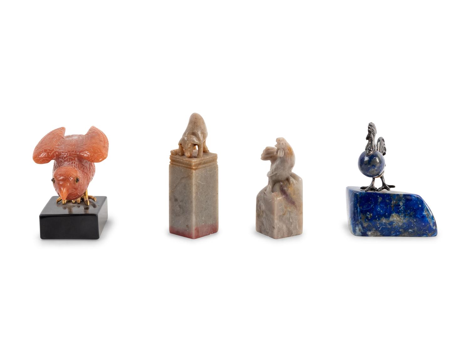 Two Carved Hardstone Seal Chops and Two Carved Hardstone Birds