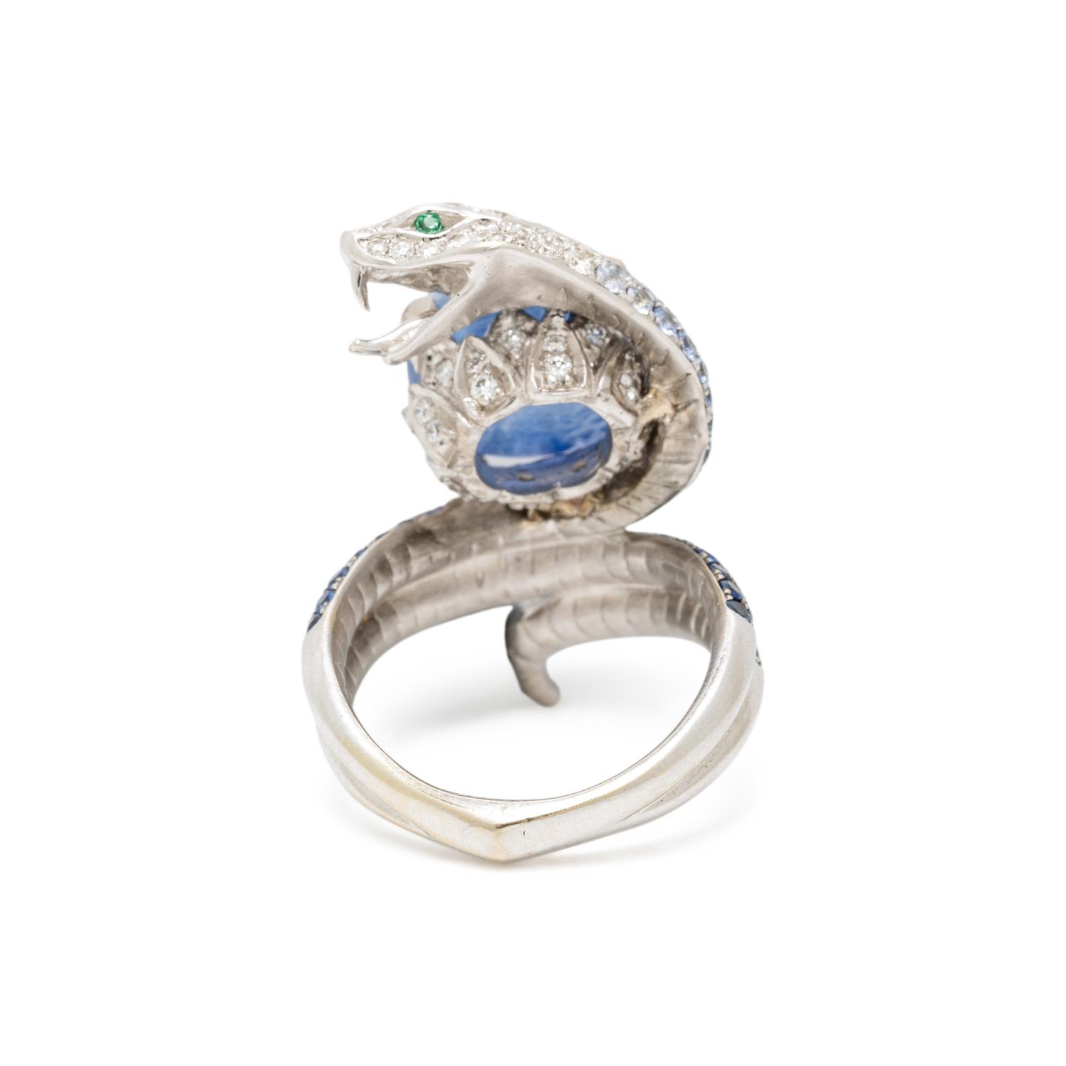 SAPPHIRE, DIAMOND, AND WHITE GOLD SNAKE RING