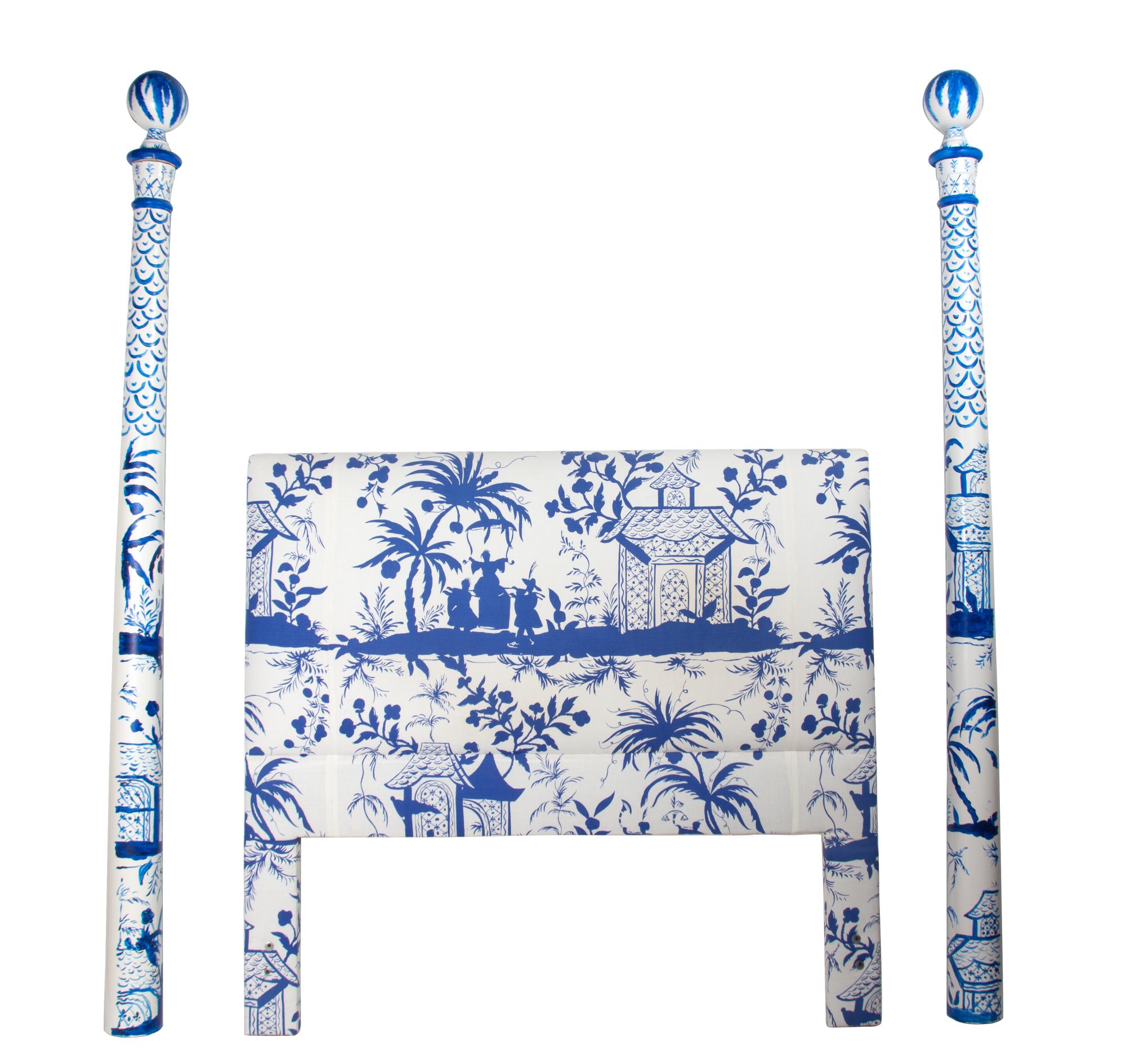 A Blue and White Chinoiserie Upholstered Poster Bed — 20TH CENTURY